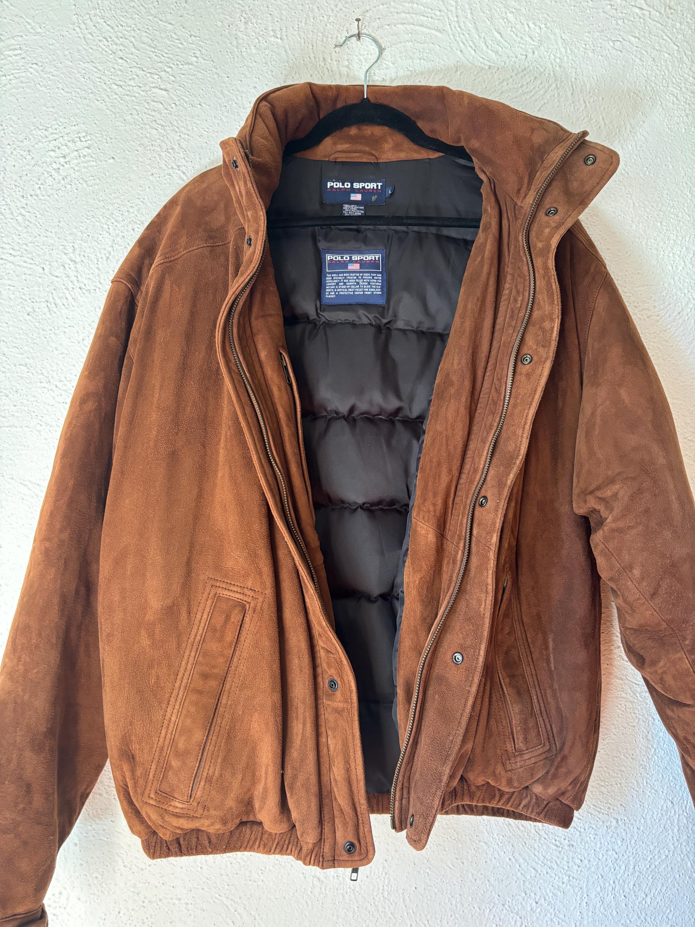 Rare POLO Sport Men’s Brown Suede Quilted Jacket Coat Down Filled Ralph Lauren Size Large Bomber Jacket Pockets