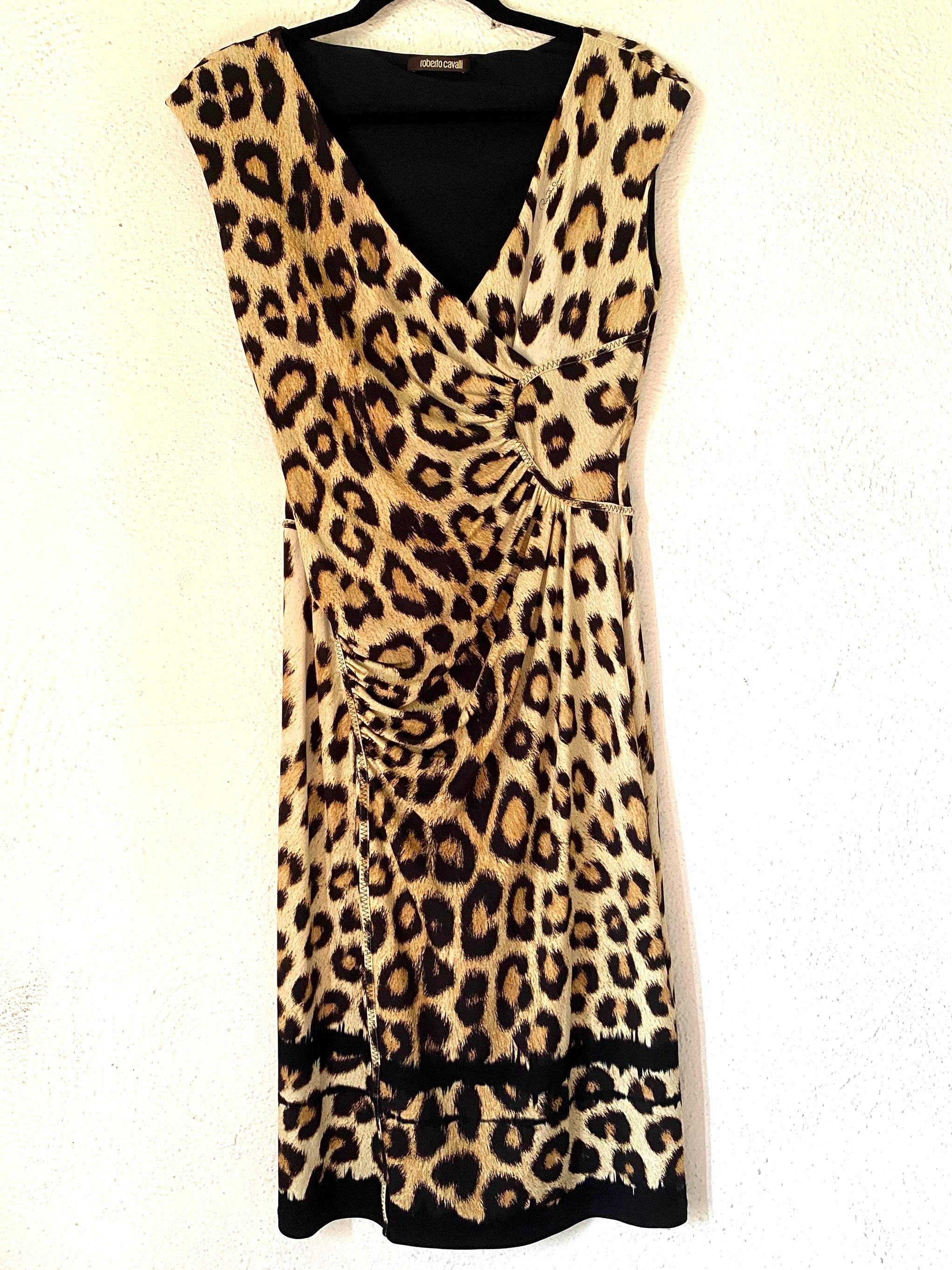 Roberto Cavalli 00s Leopard Print Stretchy Sexy Midi Dress with Ruching Made in Italy Size 44 Medium 6