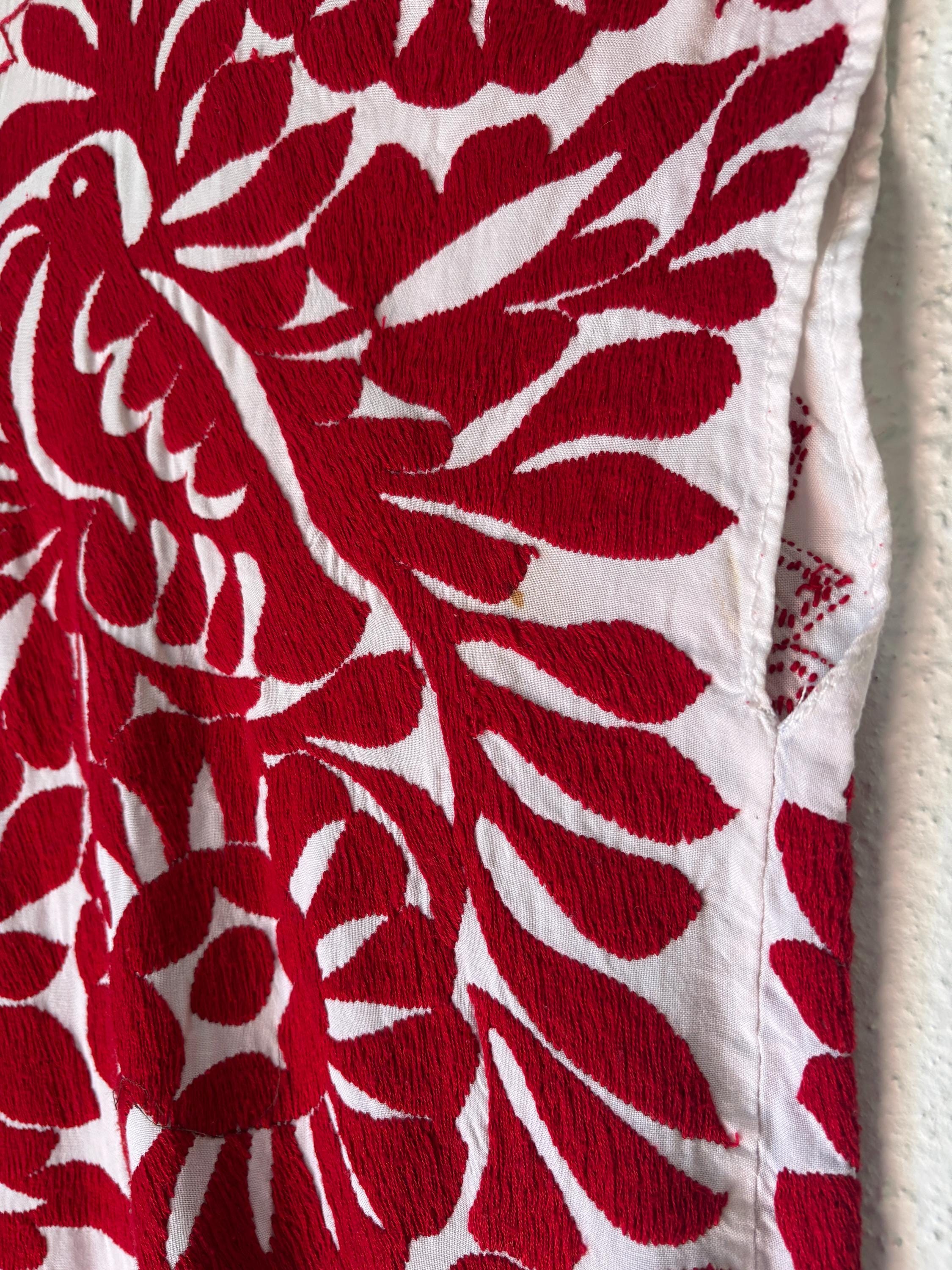 Vintage Mexican Huipil Red Embroidered Bird and Flower White Cotton Dress