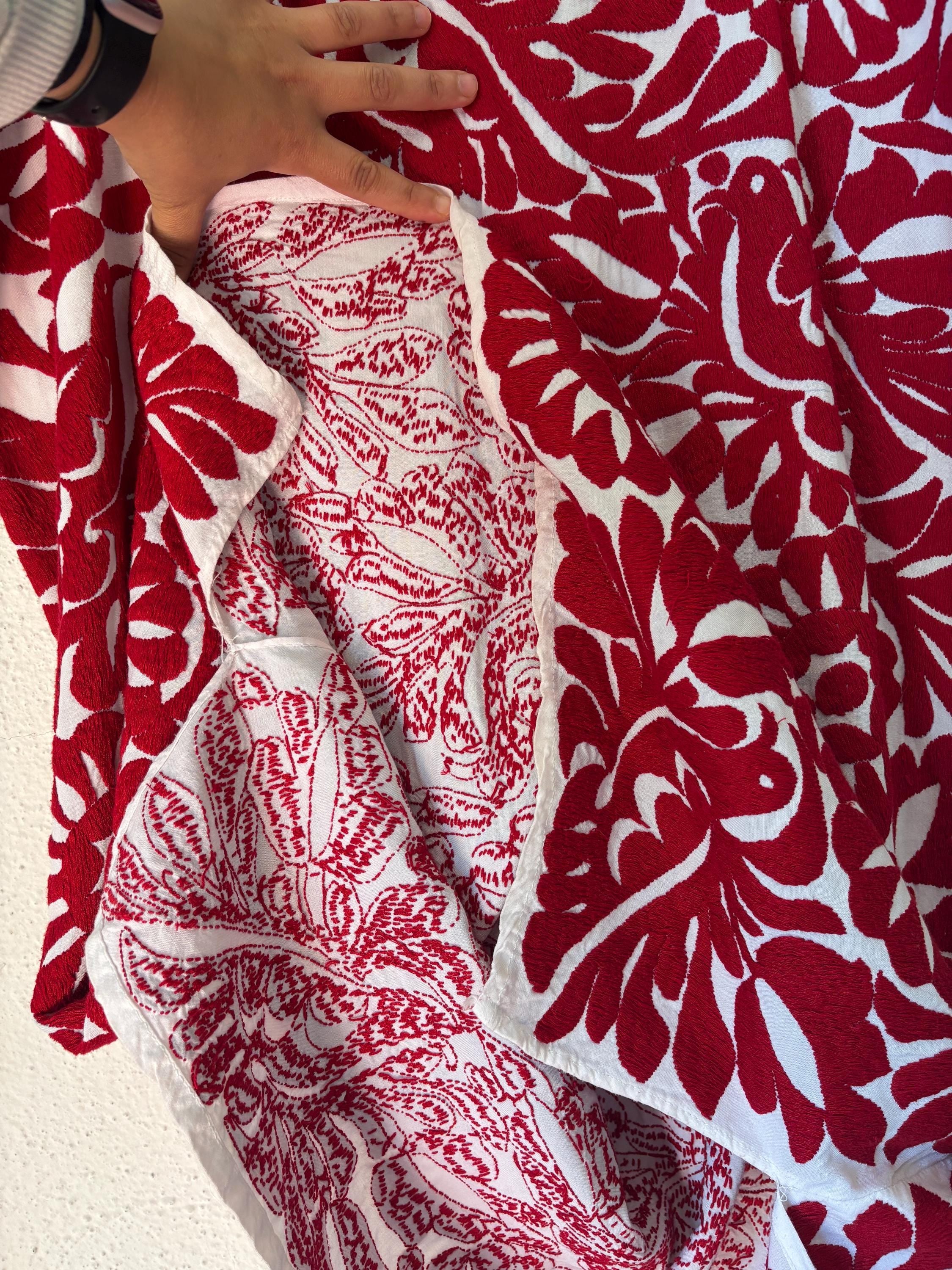 Vintage Mexican Huipil Red Embroidered Bird and Flower White Cotton Dress