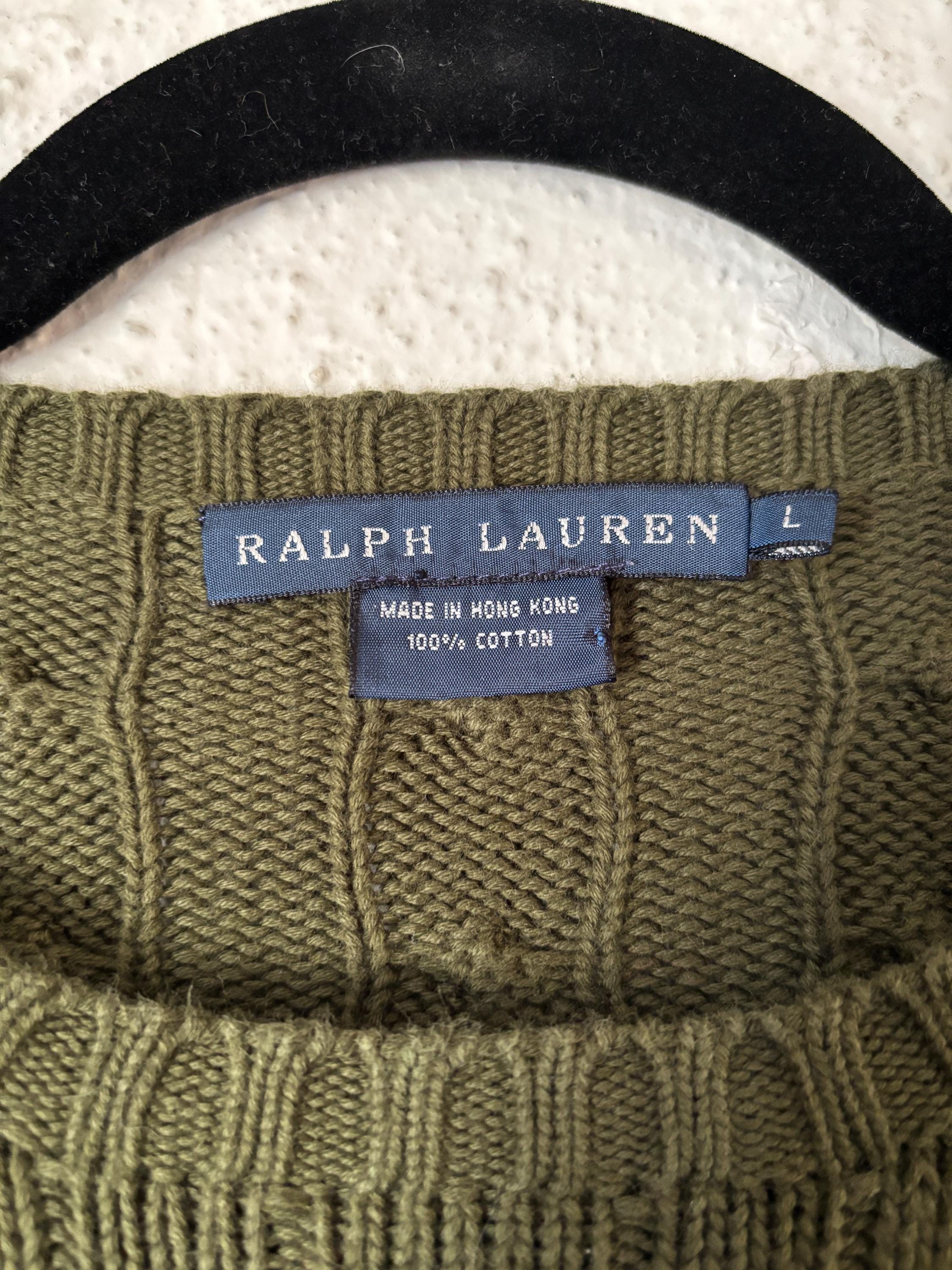 Ralph Lauren Olive Green Cableknit Pullover Sweater Polo Logo Preppy 100% Cotton Size Large Preppy Classic