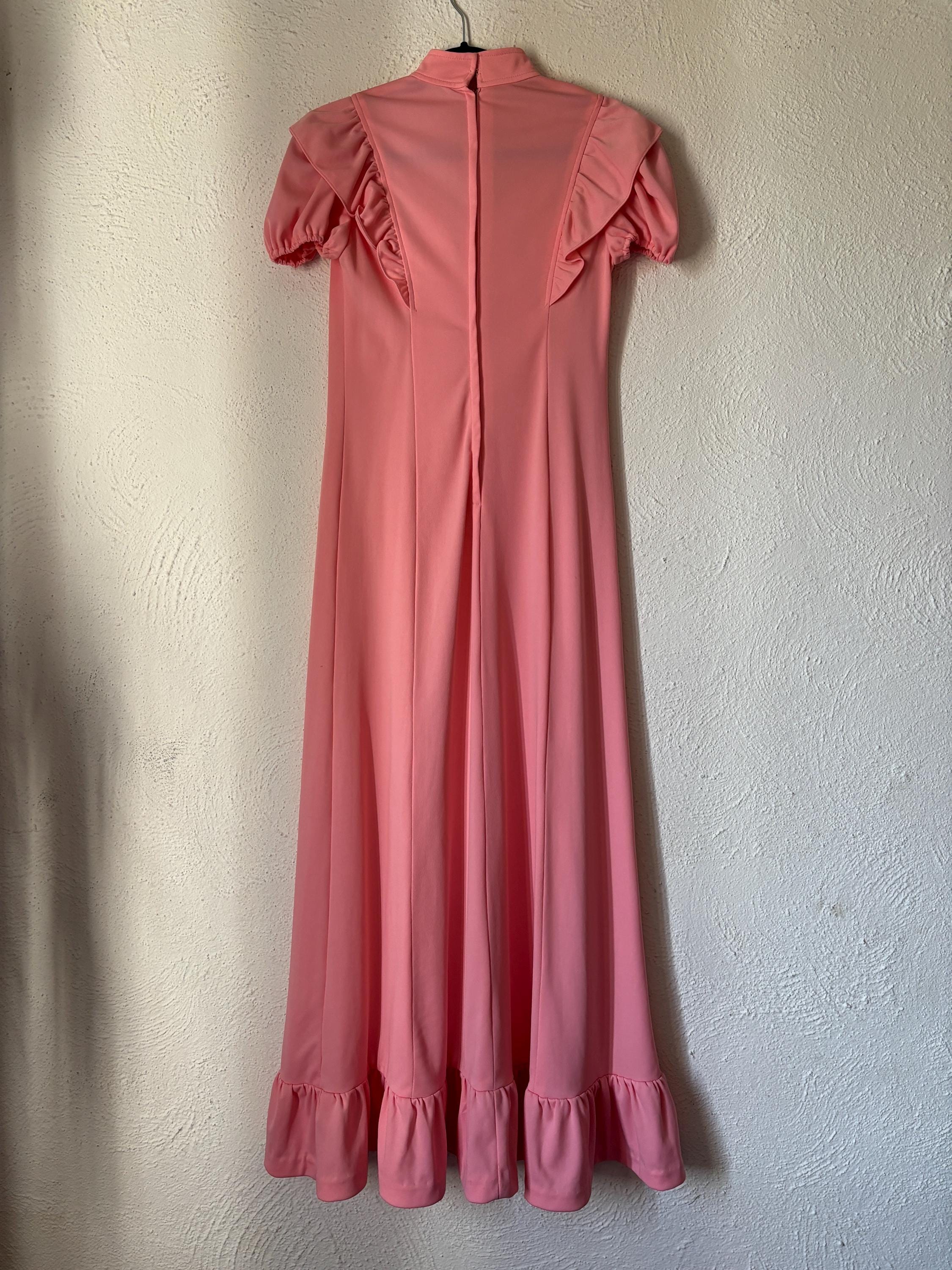 Romantic Pink Ruffled 1970s Maxi Dress Bubble Sleeve Sheer High Neck Embroidered Detail Size Small Medium