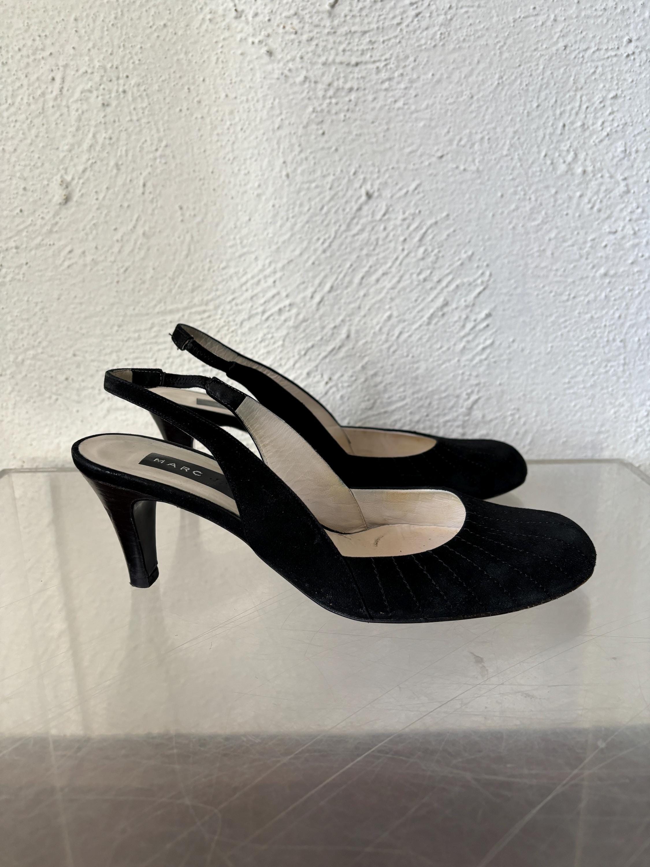 Marc Jacobs 2000s Black Stitched Suede Leather Slingback Heels size 7.5 Made in Italy