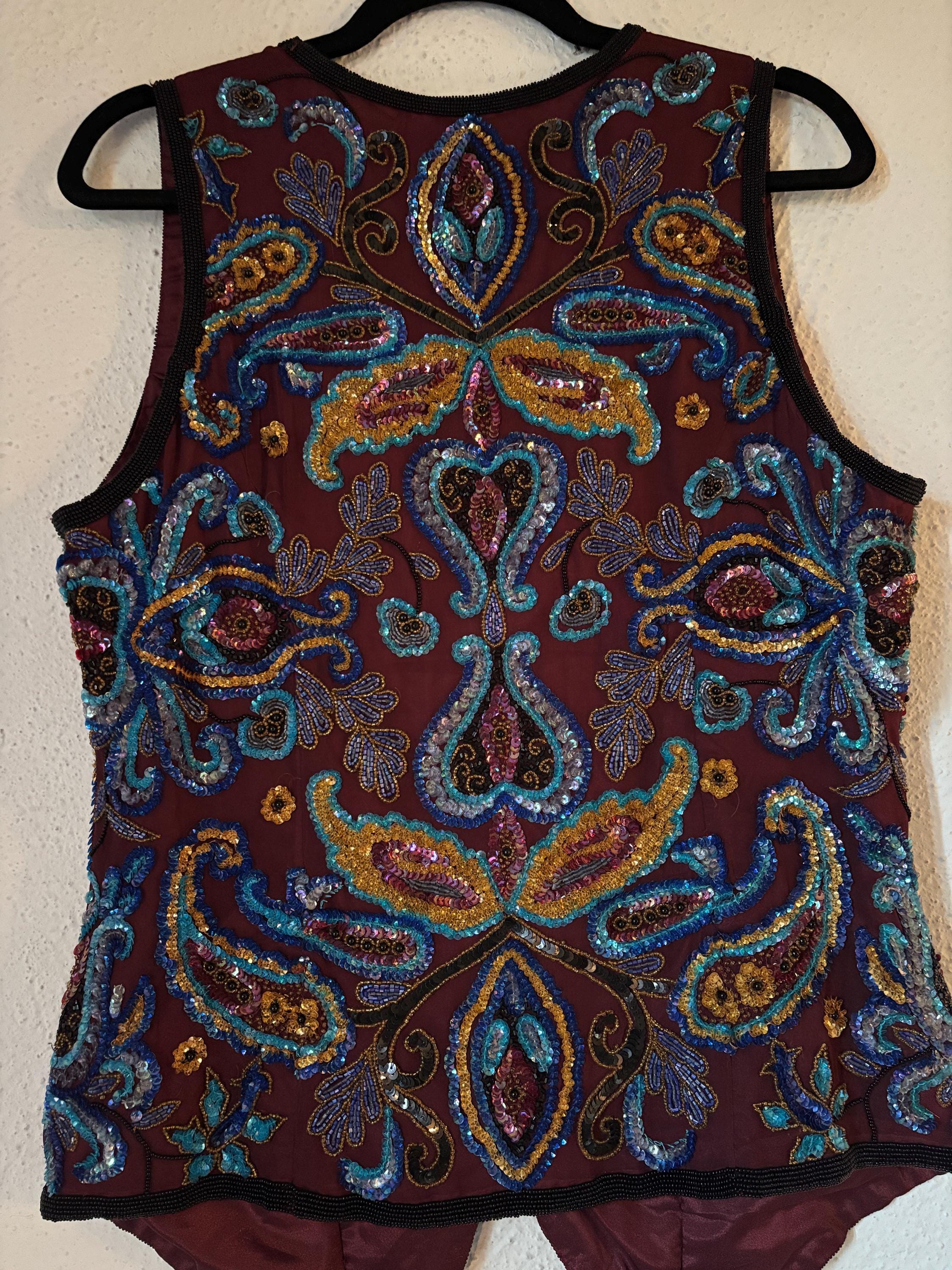 Vintage 80s 90s Beaded Paisley Embellished Sequin Dressy Elegant Silk Vest Niteline by Della Roufogali Shiny Metallic Burgundy Blue Medium