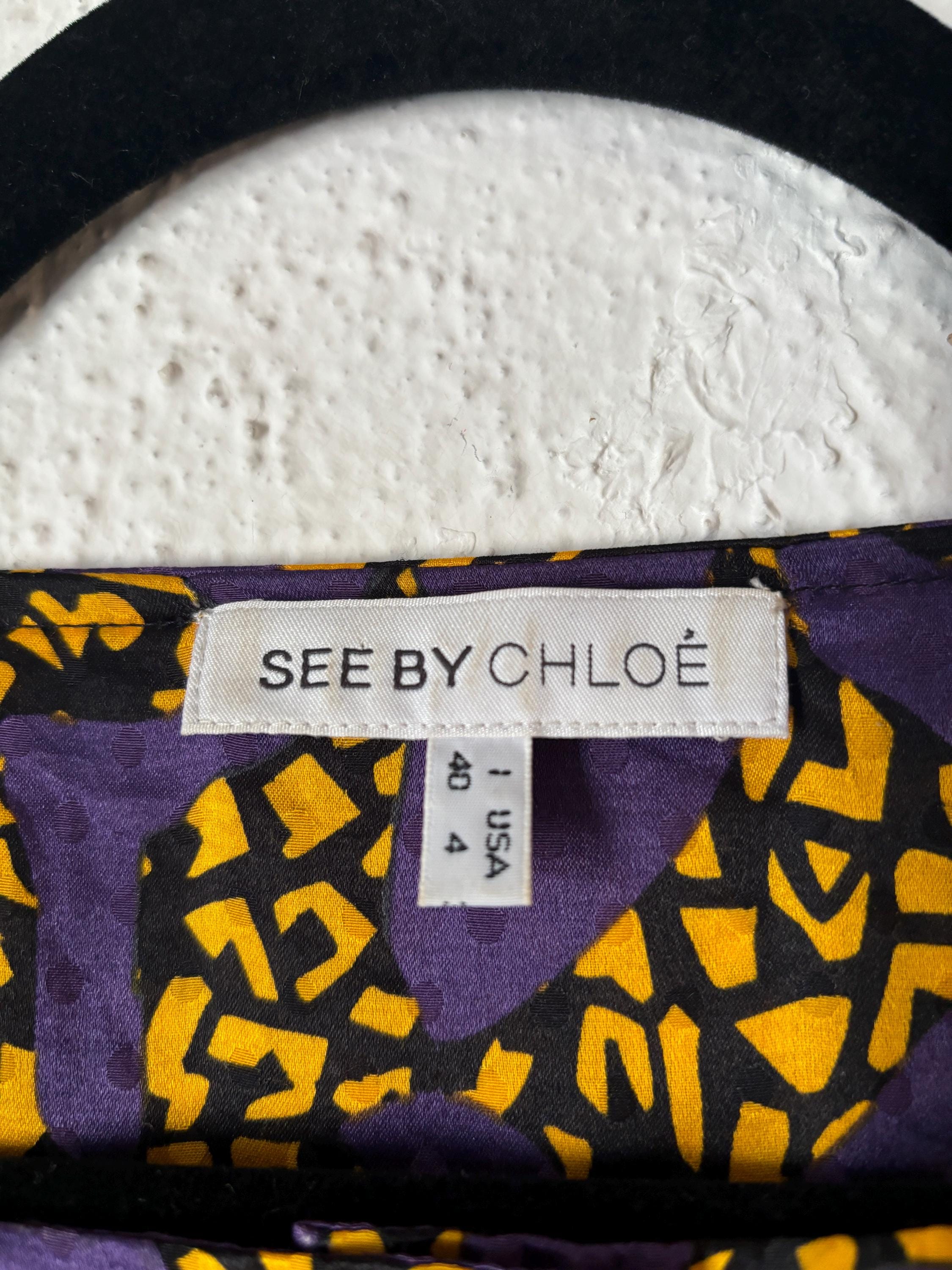 See by Chloe Purple and Yellow Graphic Print Oversized Button Down Mini Dress with Pockets Size Small Medium US 4