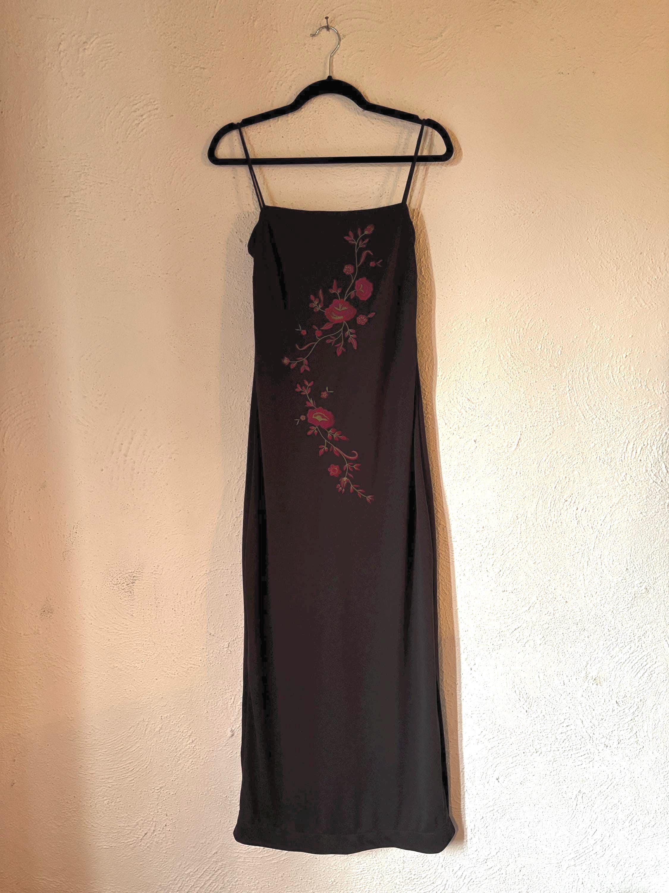 90s Y2K Black Maxi Skinny Spaghetti Strappy Floral Embroidered Long Sexy Maxi Dress Arianna by Rachel Kaye Size Medium 10