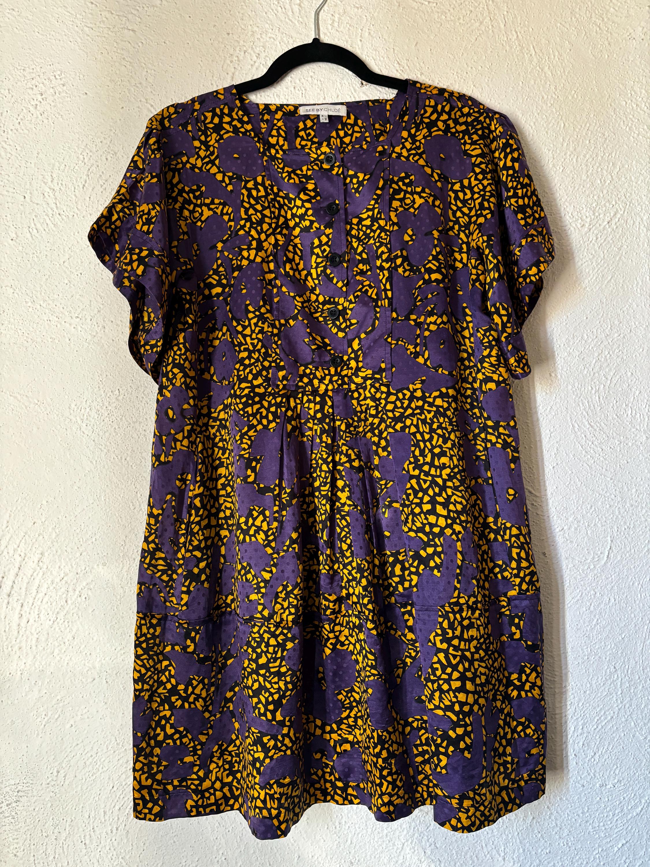 See by Chloe Purple and Yellow Graphic Print Oversized Button Down Mini Dress with Pockets Size Small Medium US 4