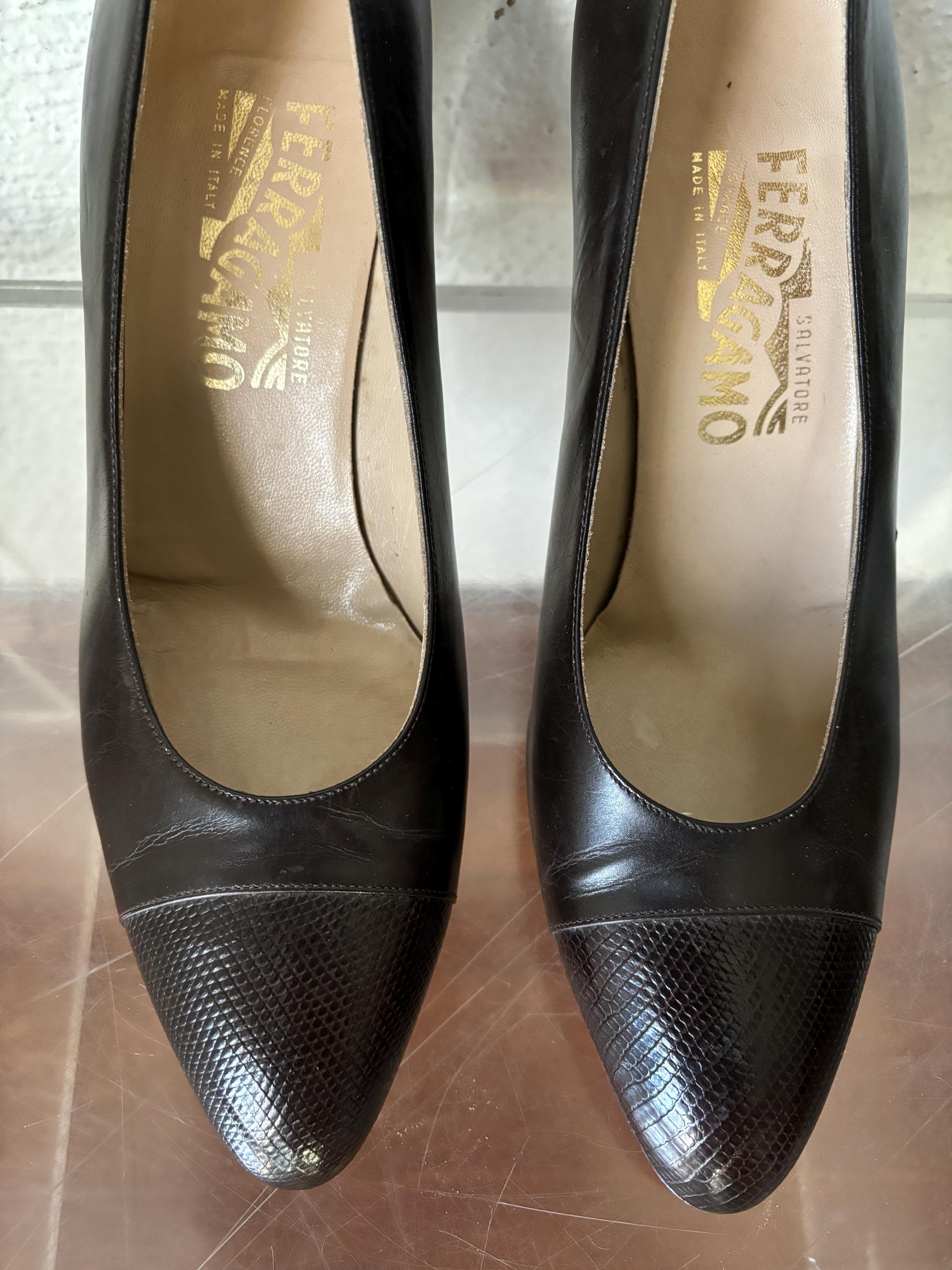 Ferragamo Vintage Brown Leather Snakeskin Cap Toe Pump Heels Size 8.5 Made in Italy