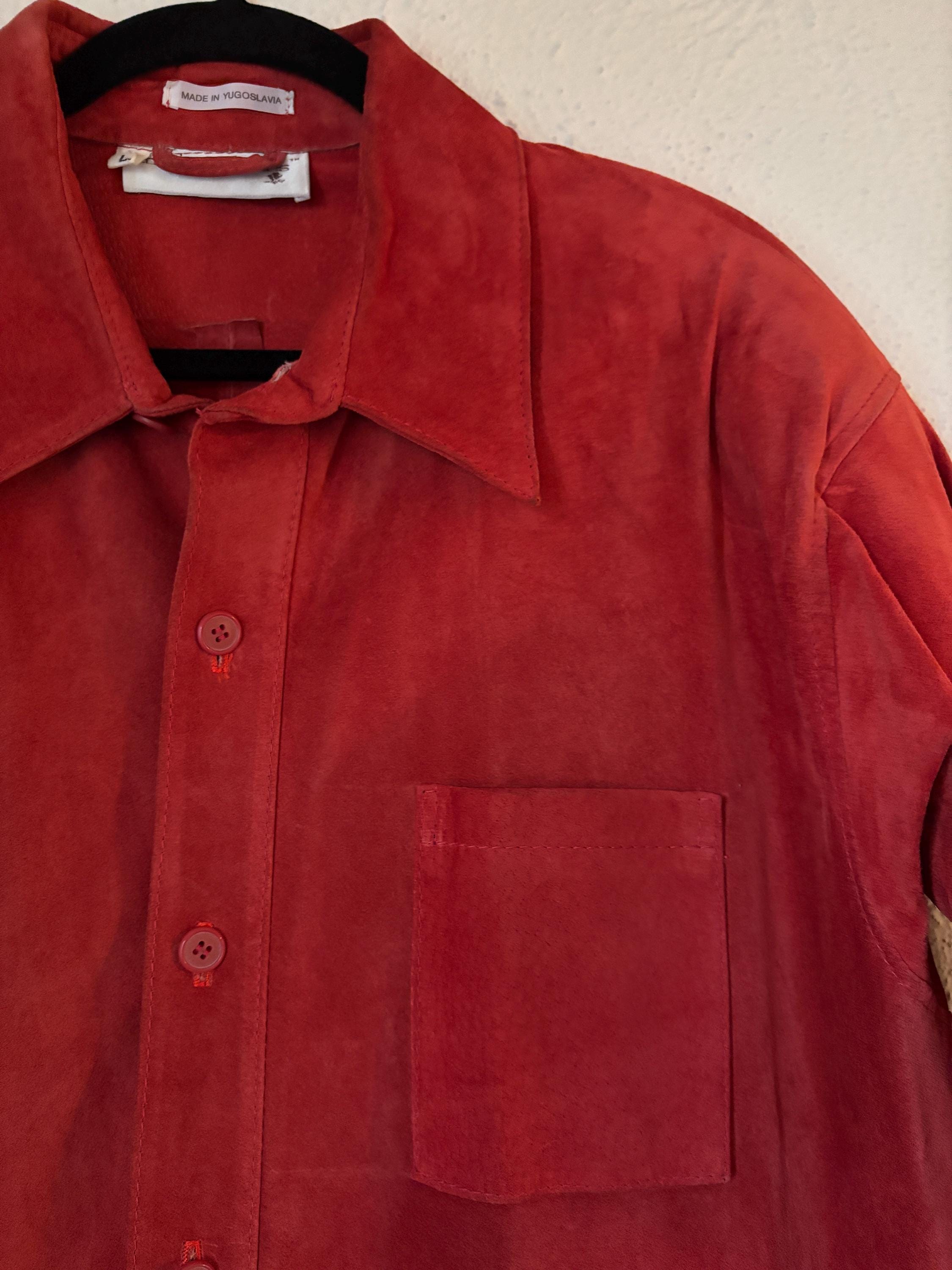 VTG 80s 90s Vibrant Burnt Red Suede Leather Oversized Buttondown Shirt Jacket with Pocket Shoulderpads Courtney Rhodes Yugoslavia Large