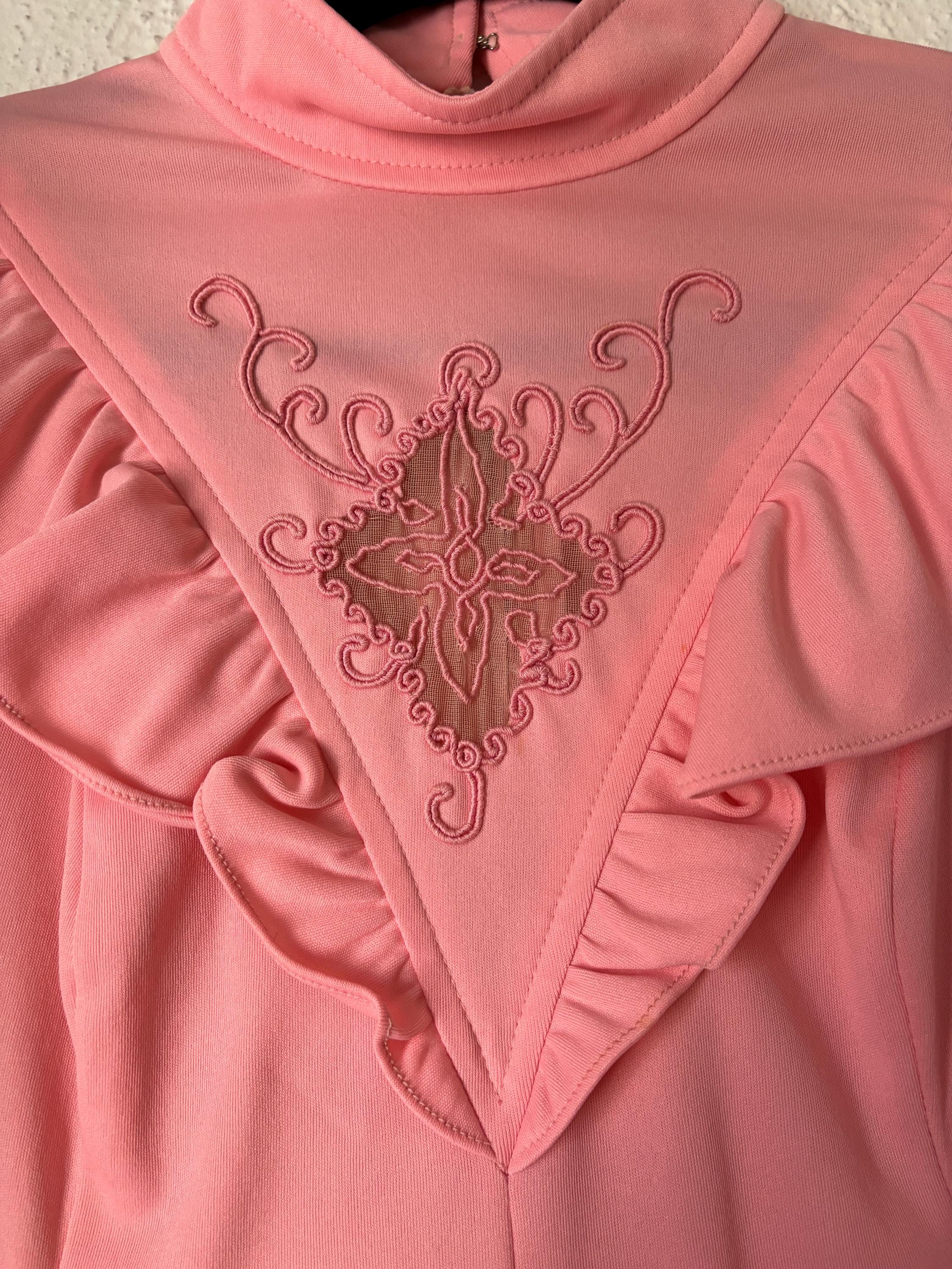 Romantic Pink Ruffled 1970s Maxi Dress Bubble Sleeve Sheer High Neck Embroidered Detail Size Small Medium