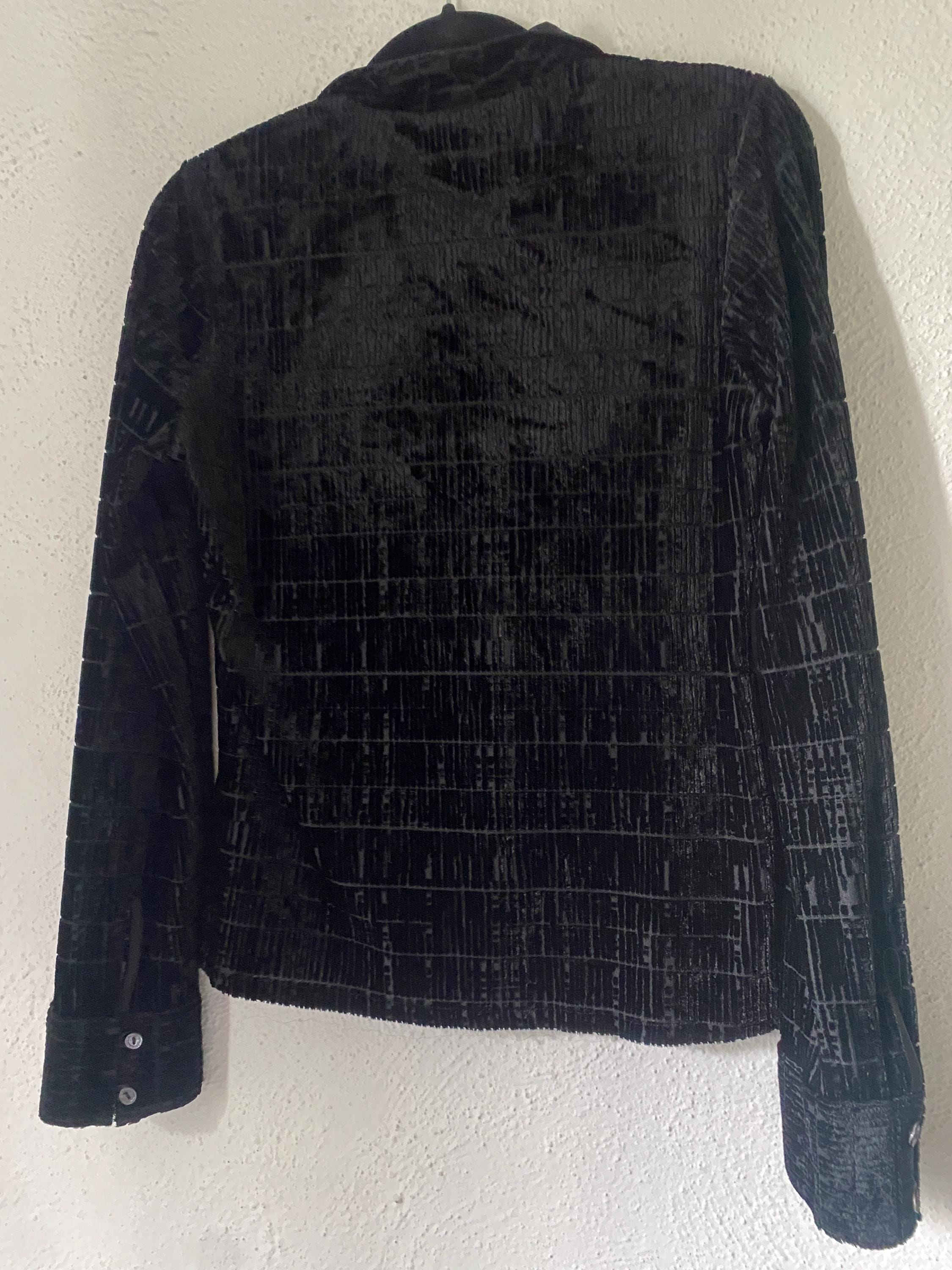 Rayure Paris Burnout Black Velvet 90s Sexy Sheer Square Neck Button Down Sexy Blouse Medium Large Made in France Y2K