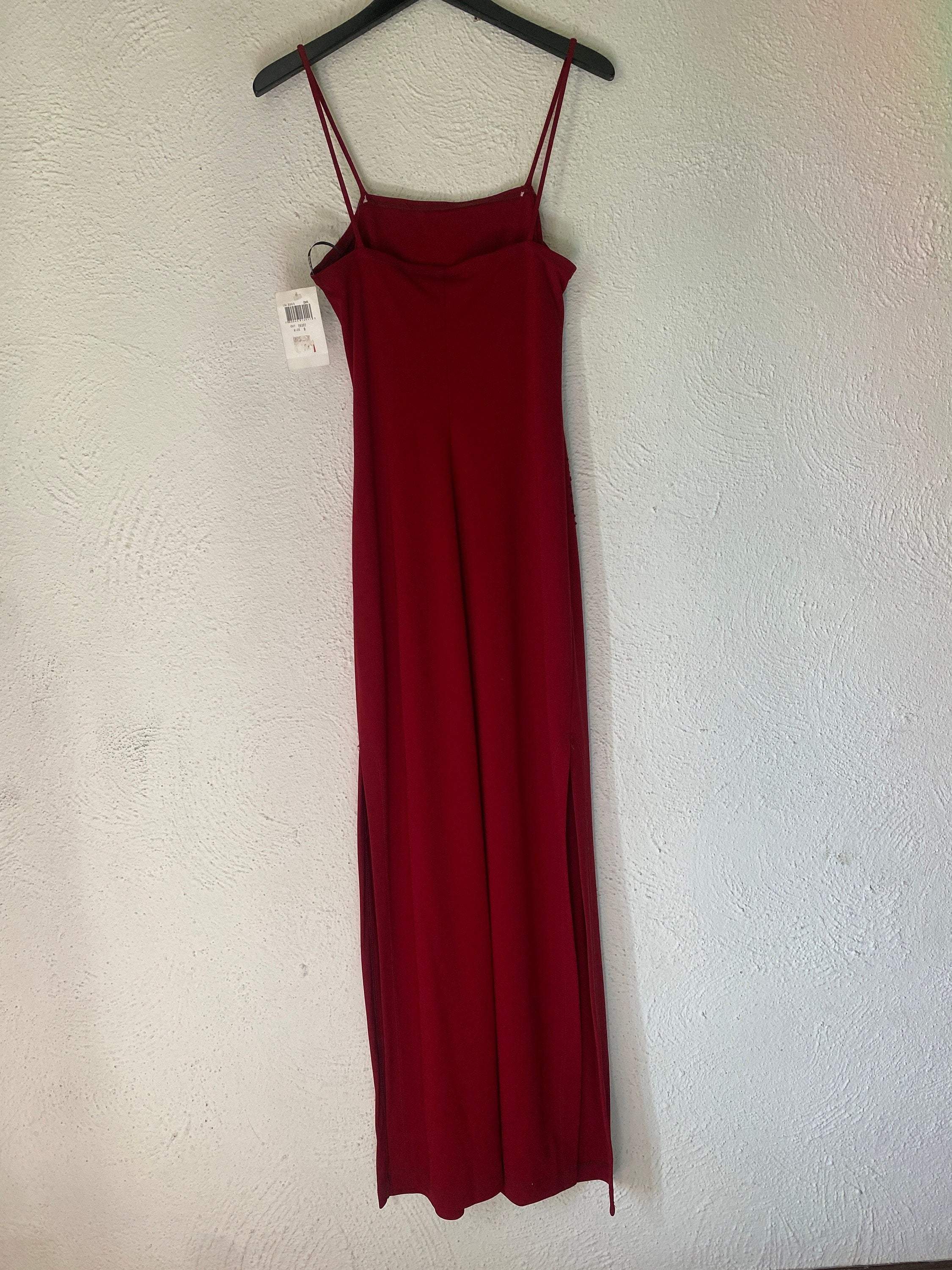 Y2K Deadstock Rampage Maxi Dress Gown Burgundy Red Rhinestone Skinny Spaghetti Strap Leg Slits Bodycon Tight MallProm 90s 00s Size S M 9/10