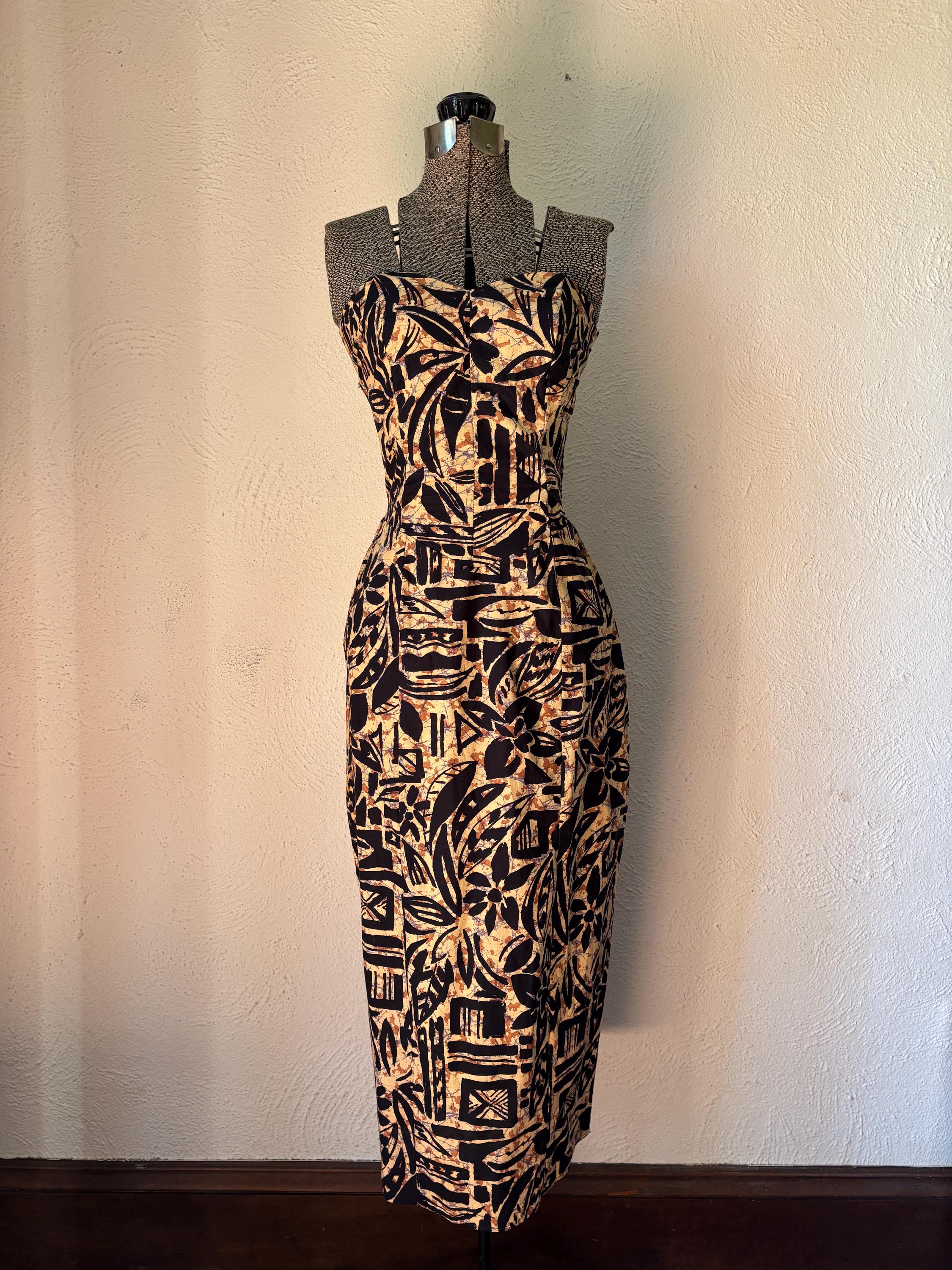 Tropical Brown Print Strapless Dress Sexy Graphic Maxi Stretch Panel Dress Sweetheart Neckline Made in USA 7/8 Vintage P.V. Rich Union Made
