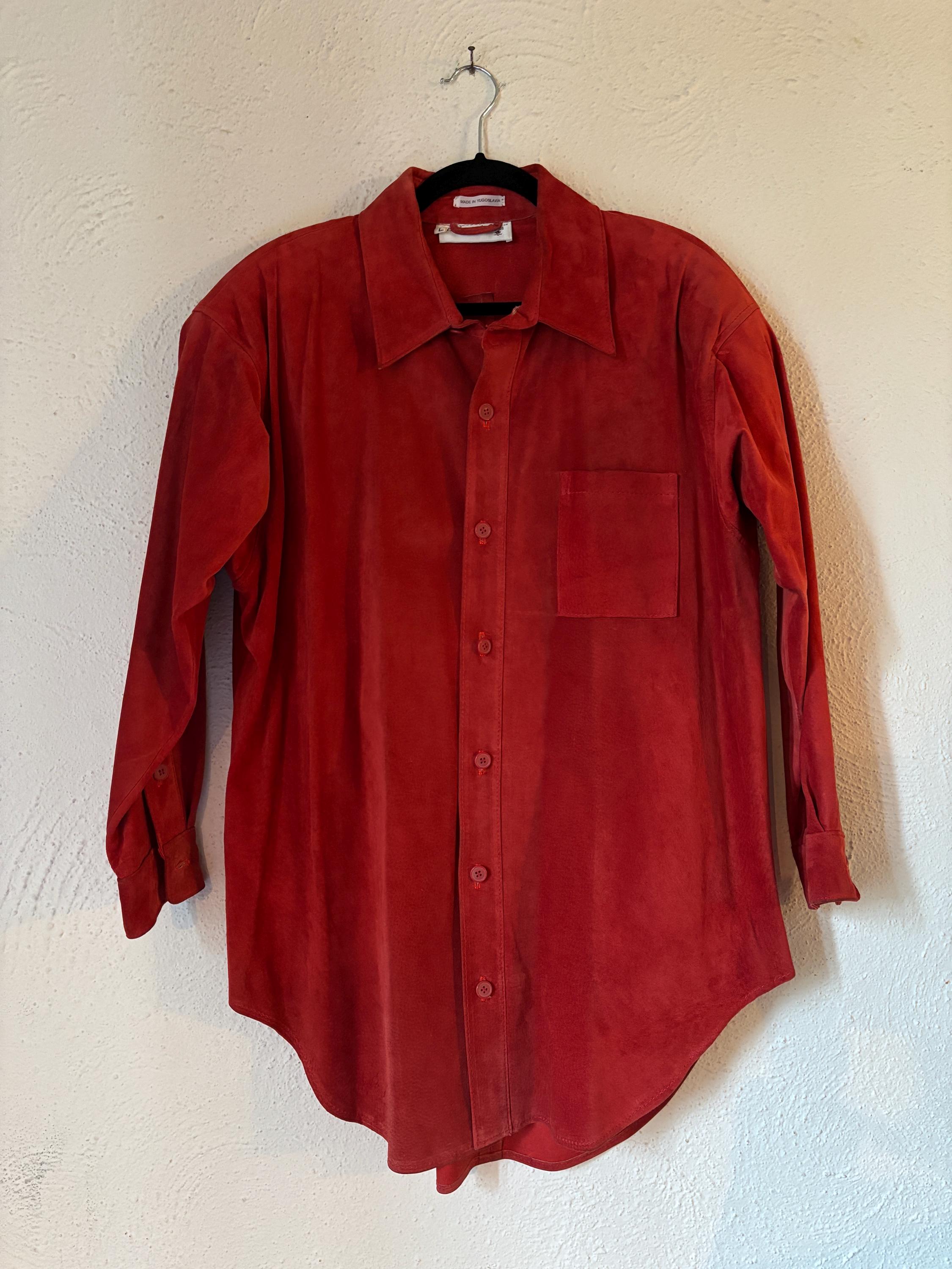 VTG 80s 90s Vibrant Burnt Red Suede Leather Oversized Buttondown Shirt Jacket with Pocket Shoulderpads Courtney Rhodes Yugoslavia Large
