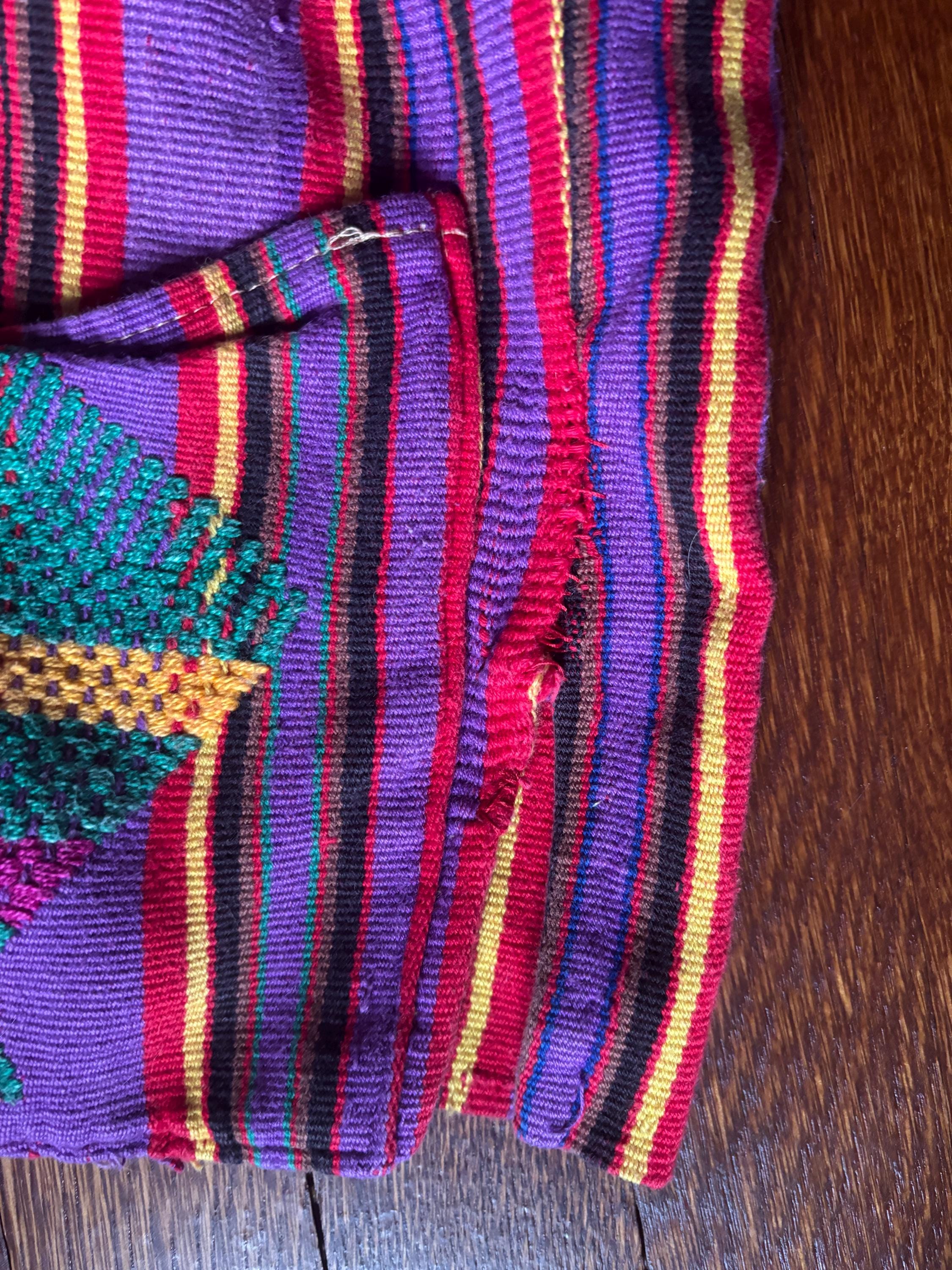 Vintage Guatemalan Huipil Handmade Red Purple Yellow Heavy Cotton Striped V Neck Long Sleeve Tunic Poncho Top with Embroidered Pockets