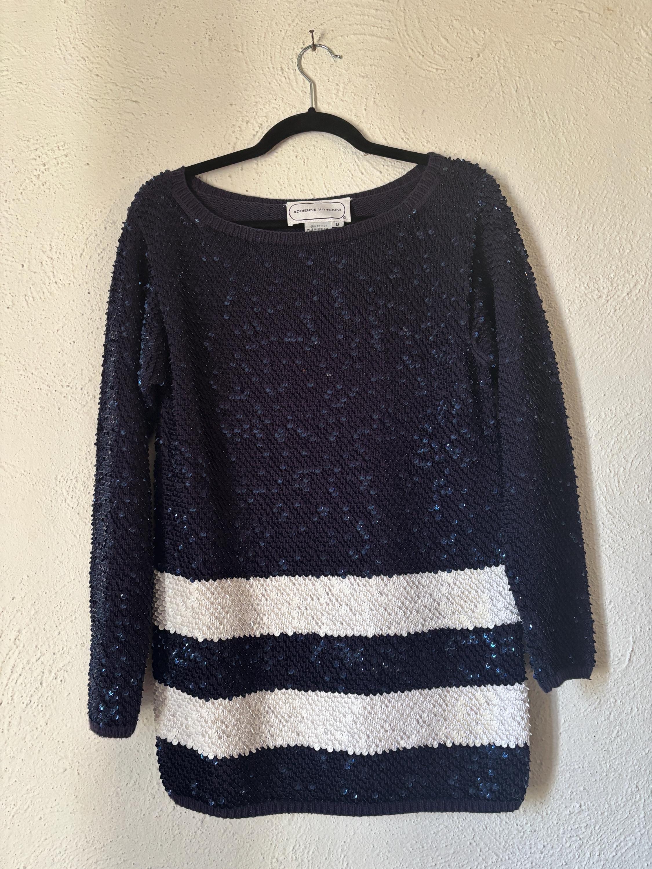 Sequined Navy Blue and White Striped Long Tunic Sweater by Adrienne Vittadini 80s 90s Cotton Medium Preppy Elegant