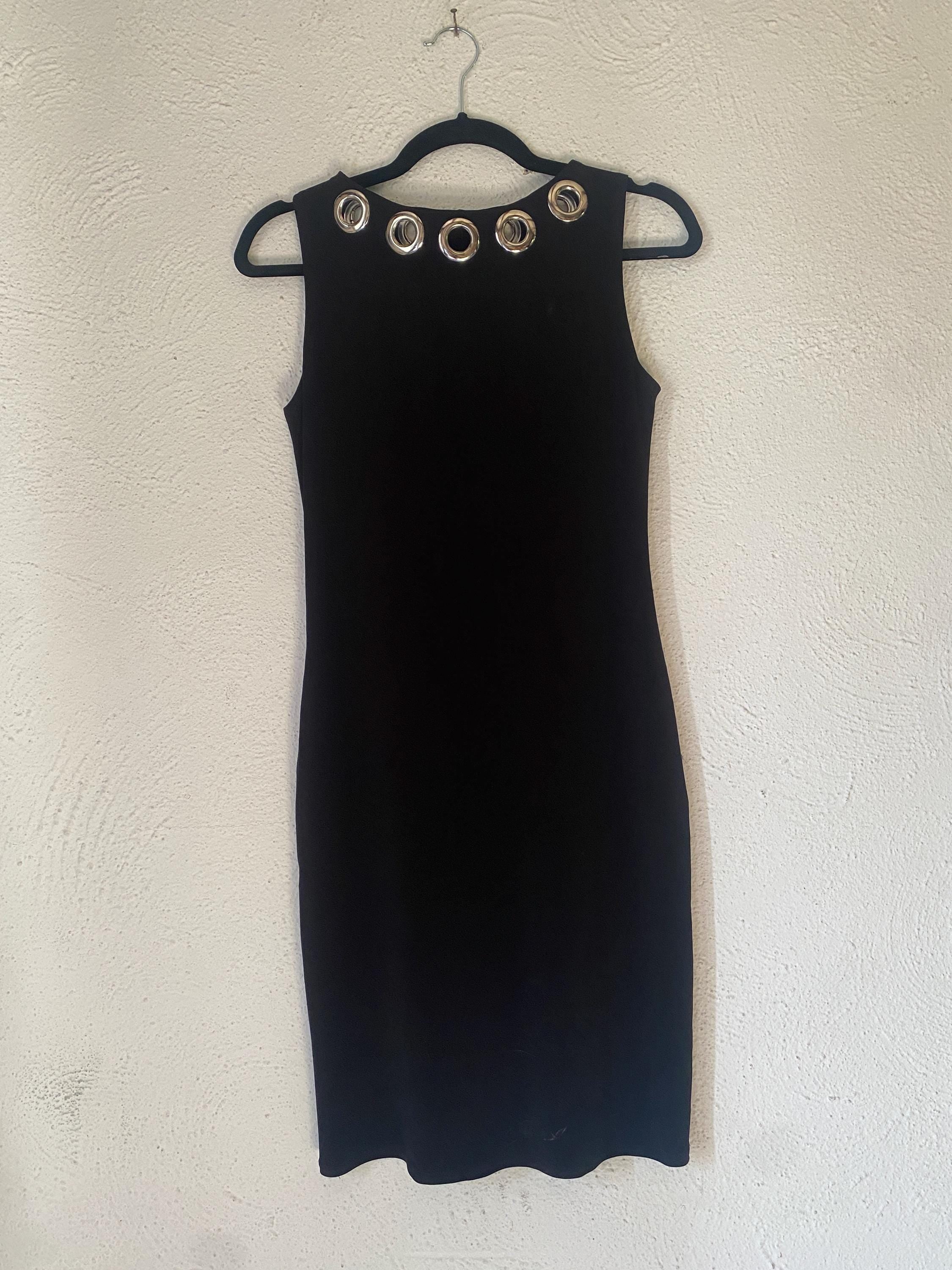 Y2K Black Stretchy Silver Grommets Hardware Peekaboo Mini Knee Length Evo Vorro Made in USA Medium