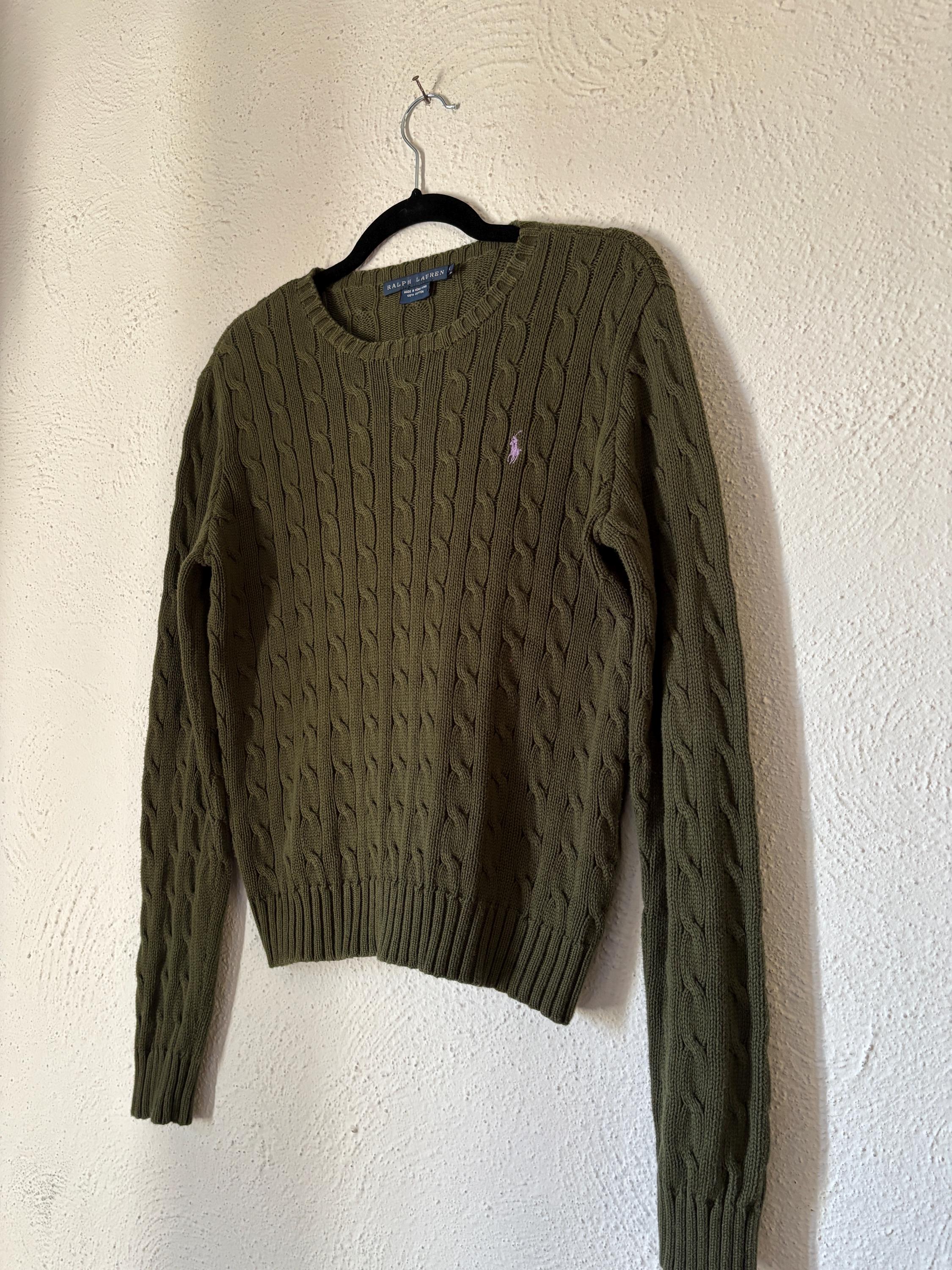 Ralph Lauren Olive Green Cableknit Pullover Sweater Polo Logo Preppy 100% Cotton Size Large Preppy Classic