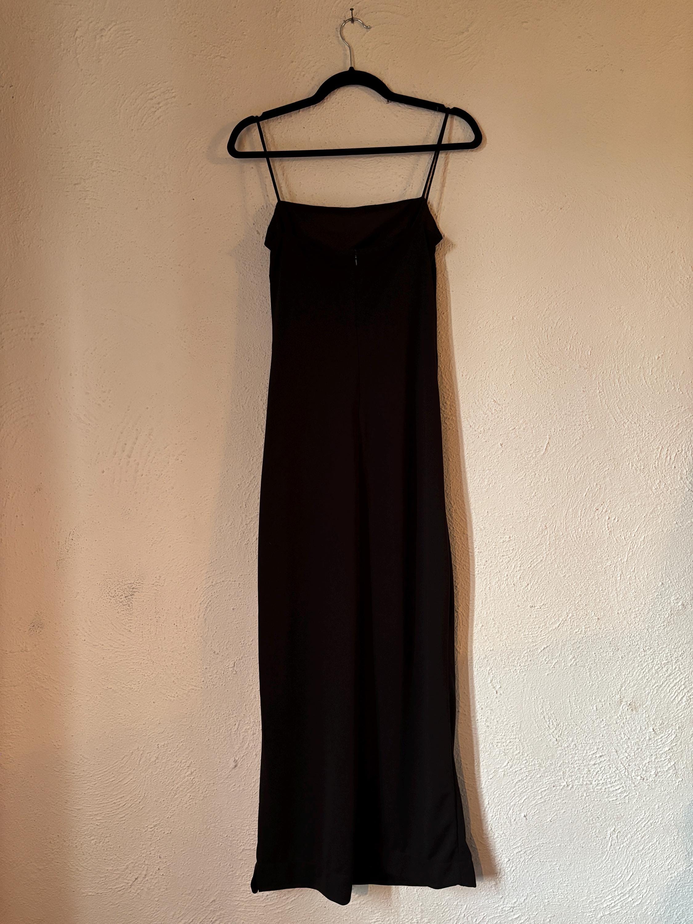 90s Y2K Black Maxi Skinny Spaghetti Strappy Floral Embroidered Long Sexy Maxi Dress Arianna by Rachel Kaye Size Medium 10