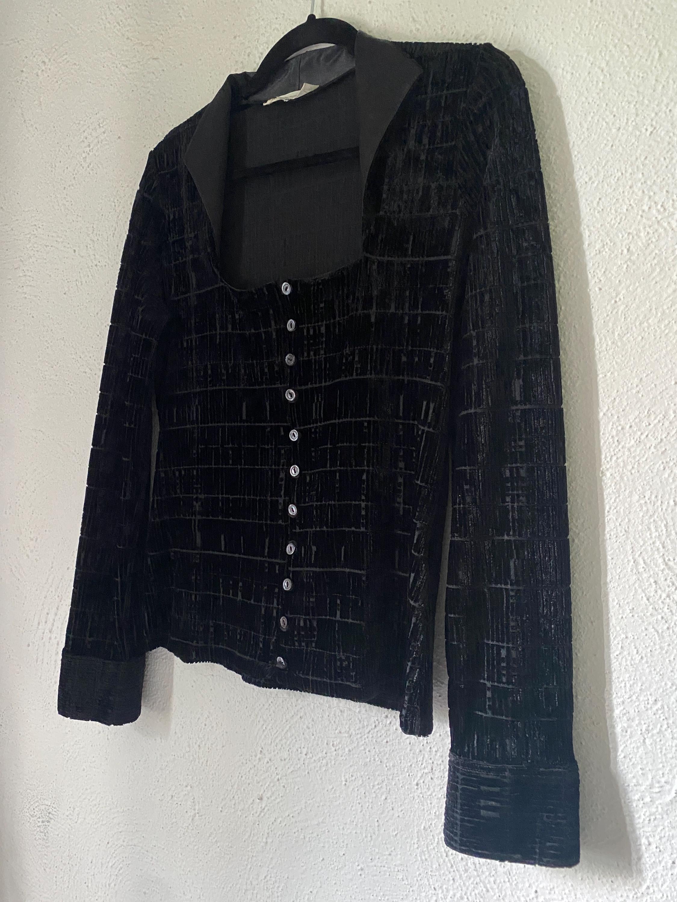 Rayure Paris Burnout Black Velvet 90s Sexy Sheer Square Neck Button Down Sexy Blouse Medium Large Made in France Y2K