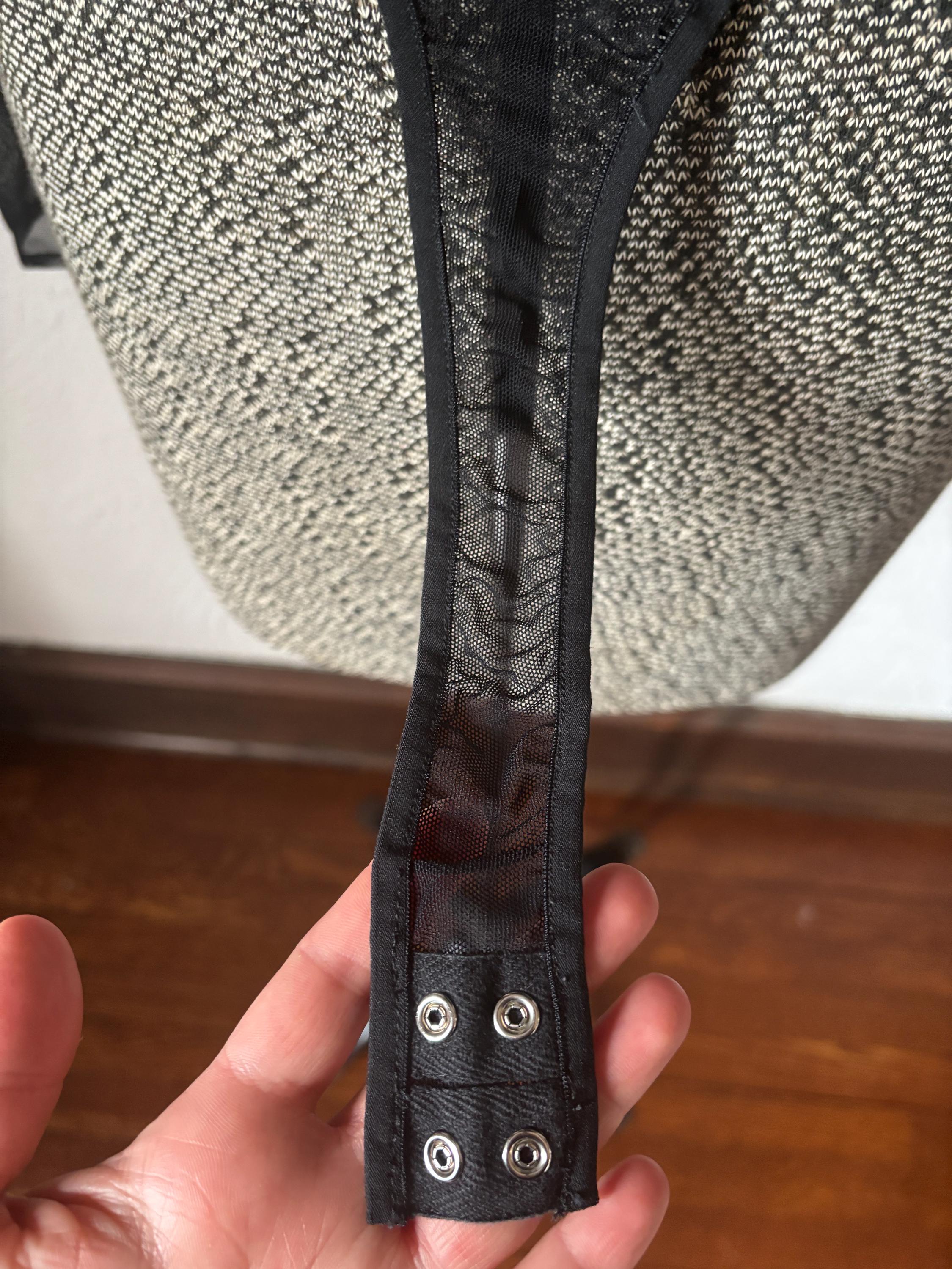 Sheer Black Decorative Ribbon Embroidered Mesh Thong Bodysuit Anne Klein 90s Sexy Undergarment Lingerie Top size 6 M