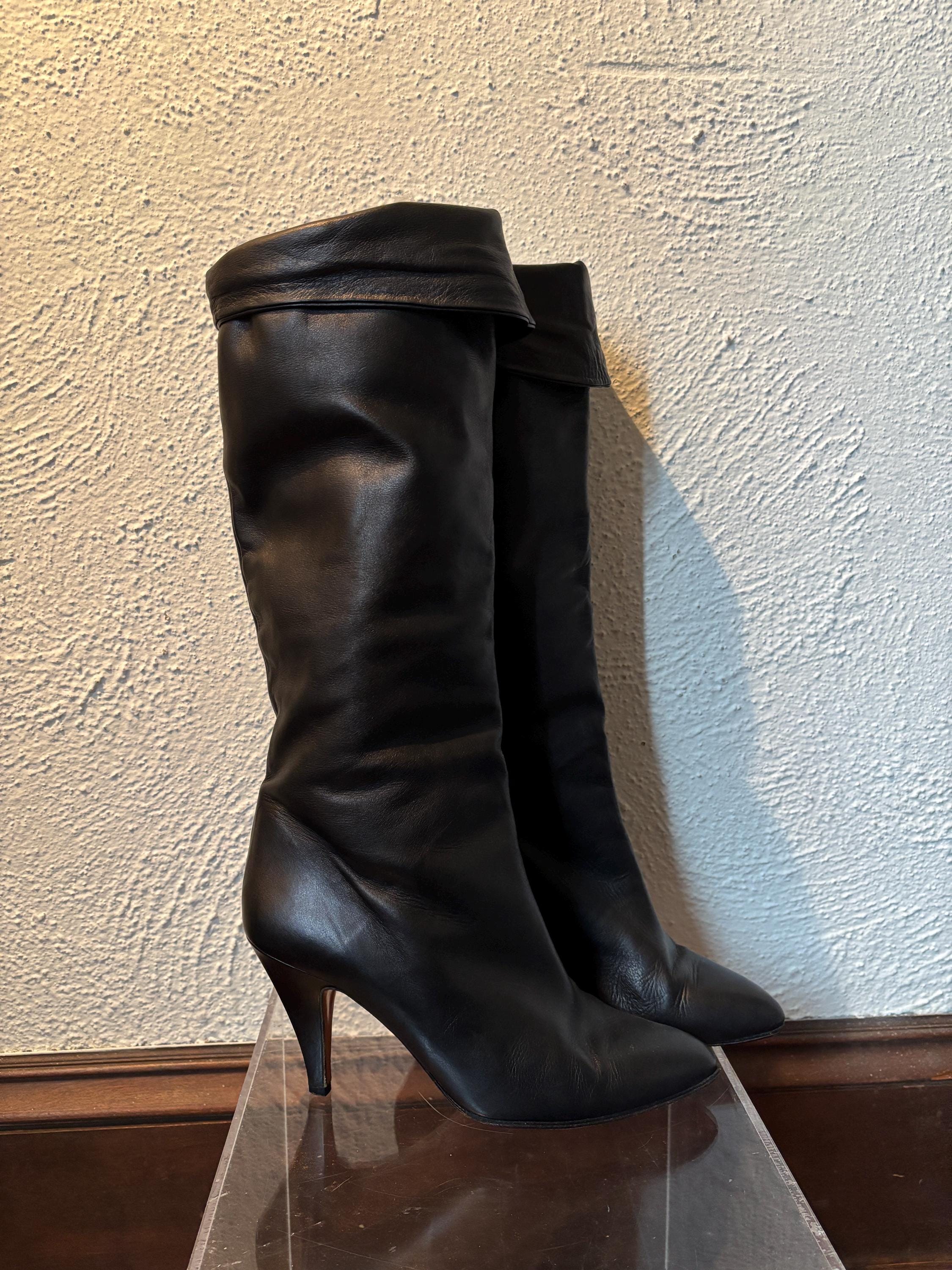 Tall Black Leather Heeled Boots Supple Soft Leather Pointed Toe Folded Chantal Made in Italy Size 8 7.5 Sexy Elegant Classic