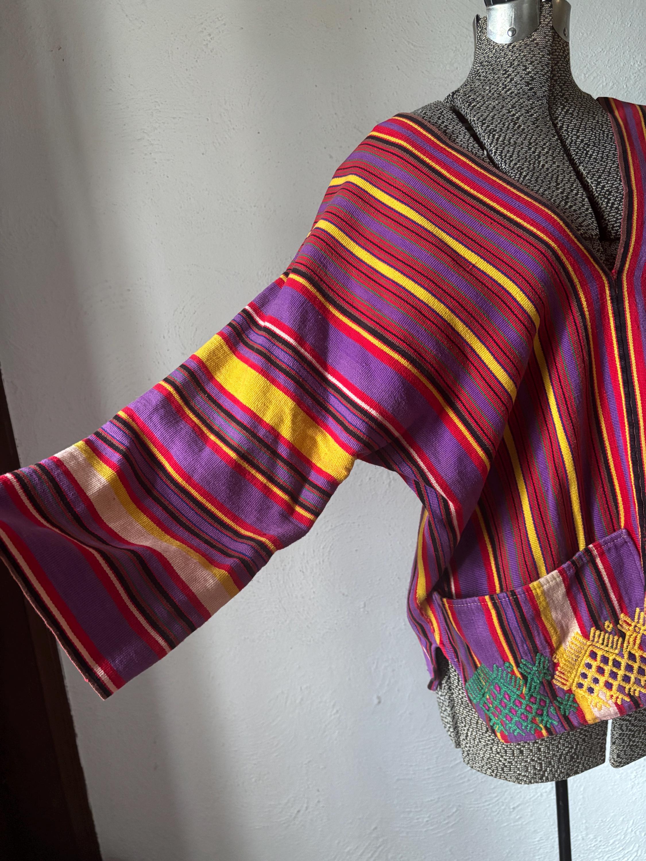 Vintage Guatemalan Huipil Handmade Red Purple Yellow Heavy Cotton Striped V Neck Long Sleeve Tunic Poncho Top with Embroidered Pockets