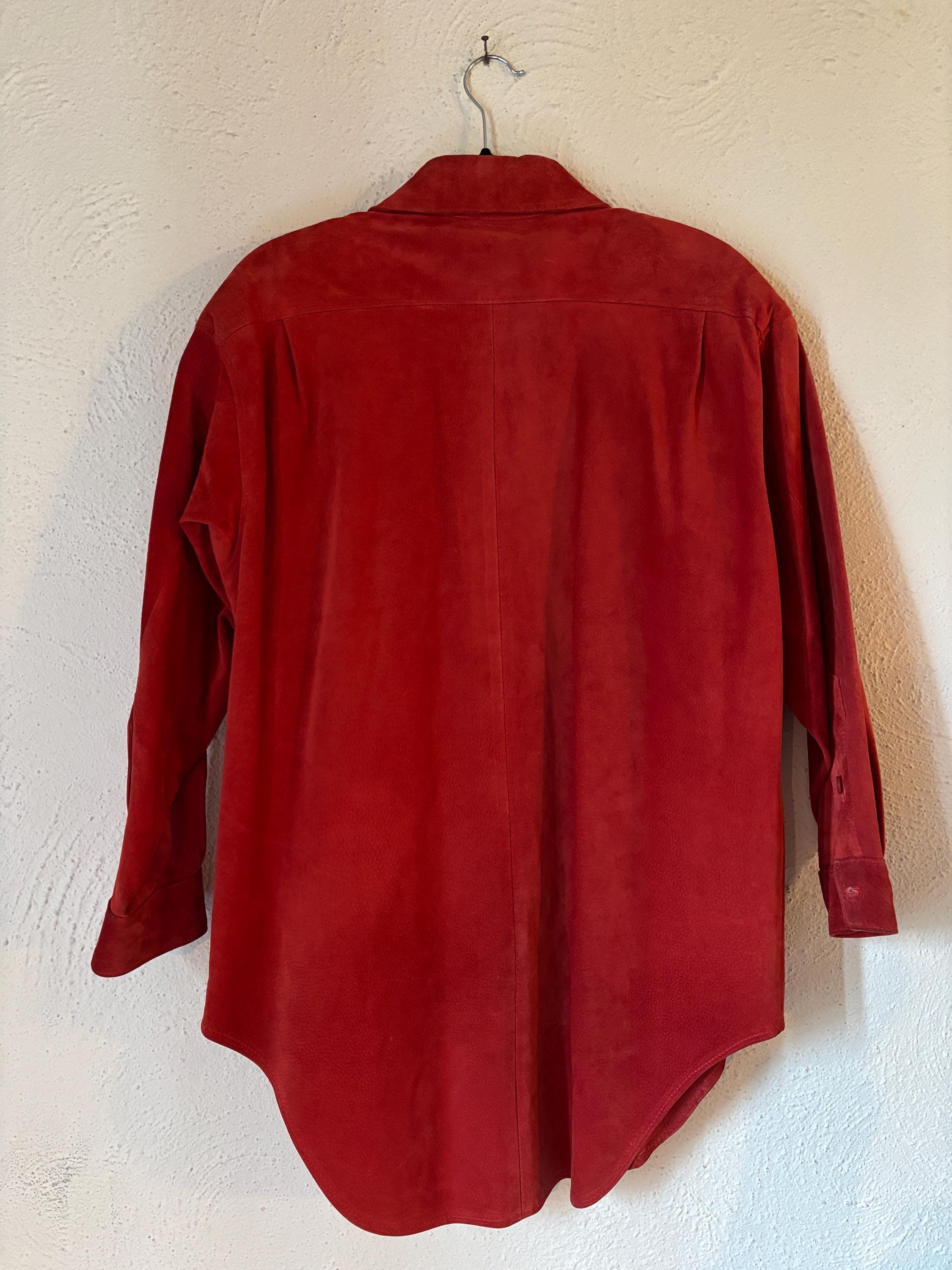 VTG 80s 90s Vibrant Burnt Red Suede Leather Oversized Buttondown Shirt Jacket with Pocket Shoulderpads Courtney Rhodes Yugoslavia Large