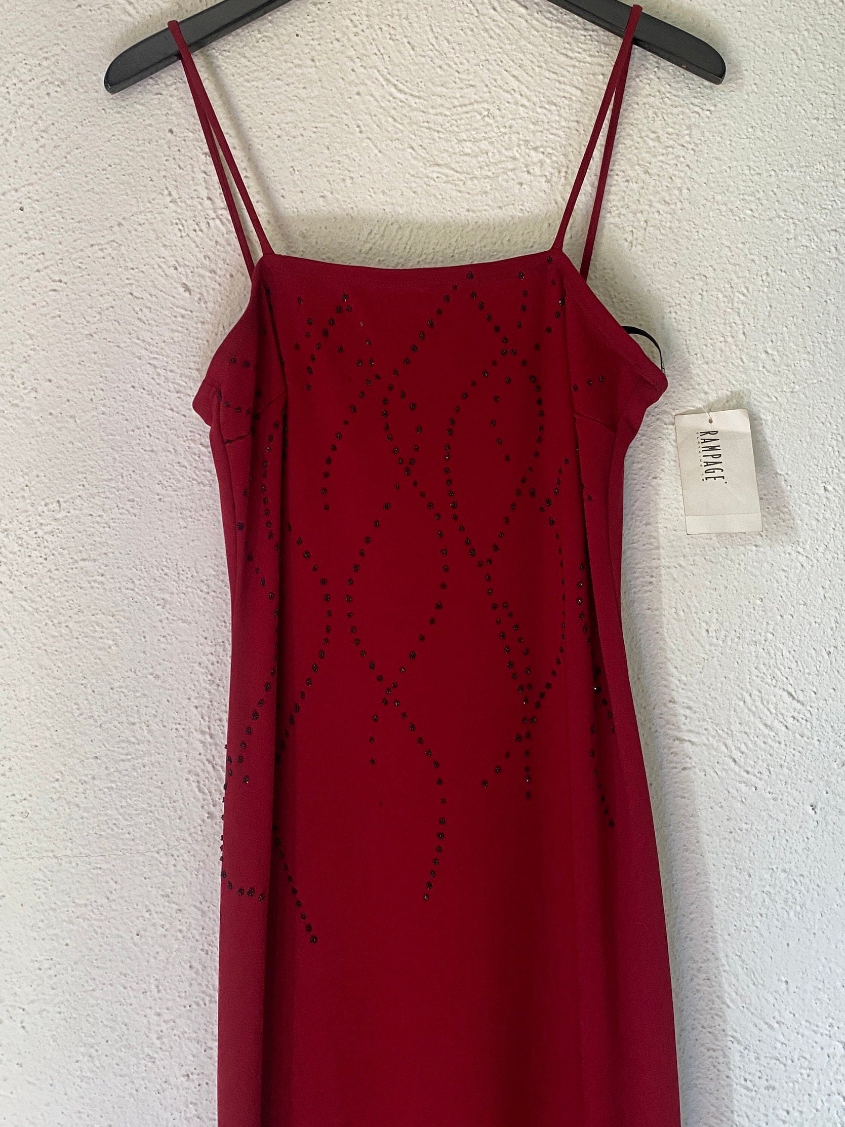 Y2K Deadstock Rampage Maxi Dress Gown Burgundy Red Rhinestone Skinny Spaghetti Strap Leg Slits Bodycon Tight MallProm 90s 00s Size S M 9/10