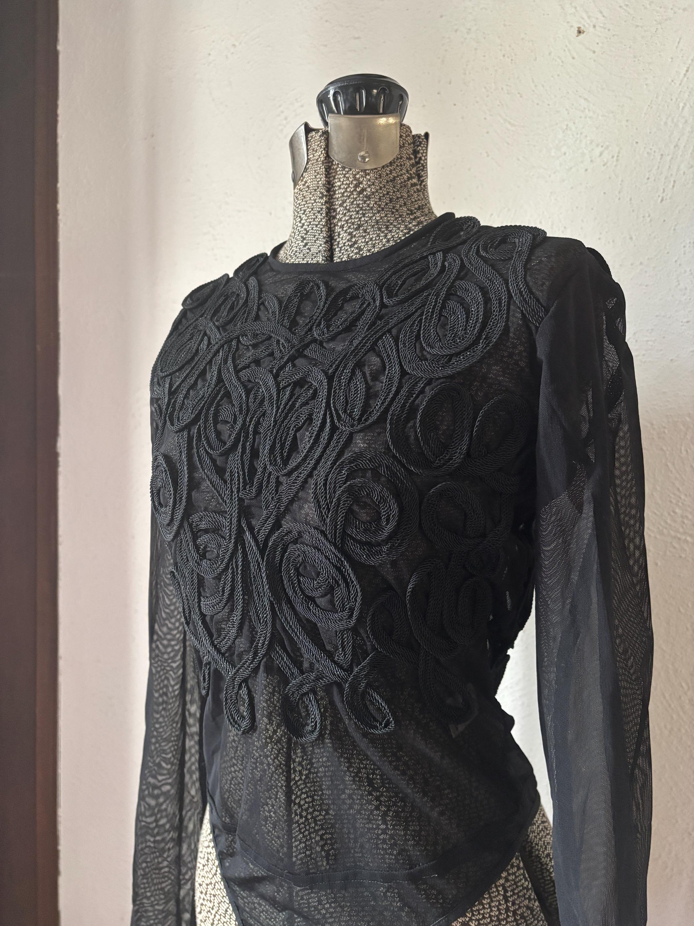 Sheer Black Decorative Ribbon Embroidered Mesh Thong Bodysuit Anne Klein 90s Sexy Undergarment Lingerie Top size 6 M