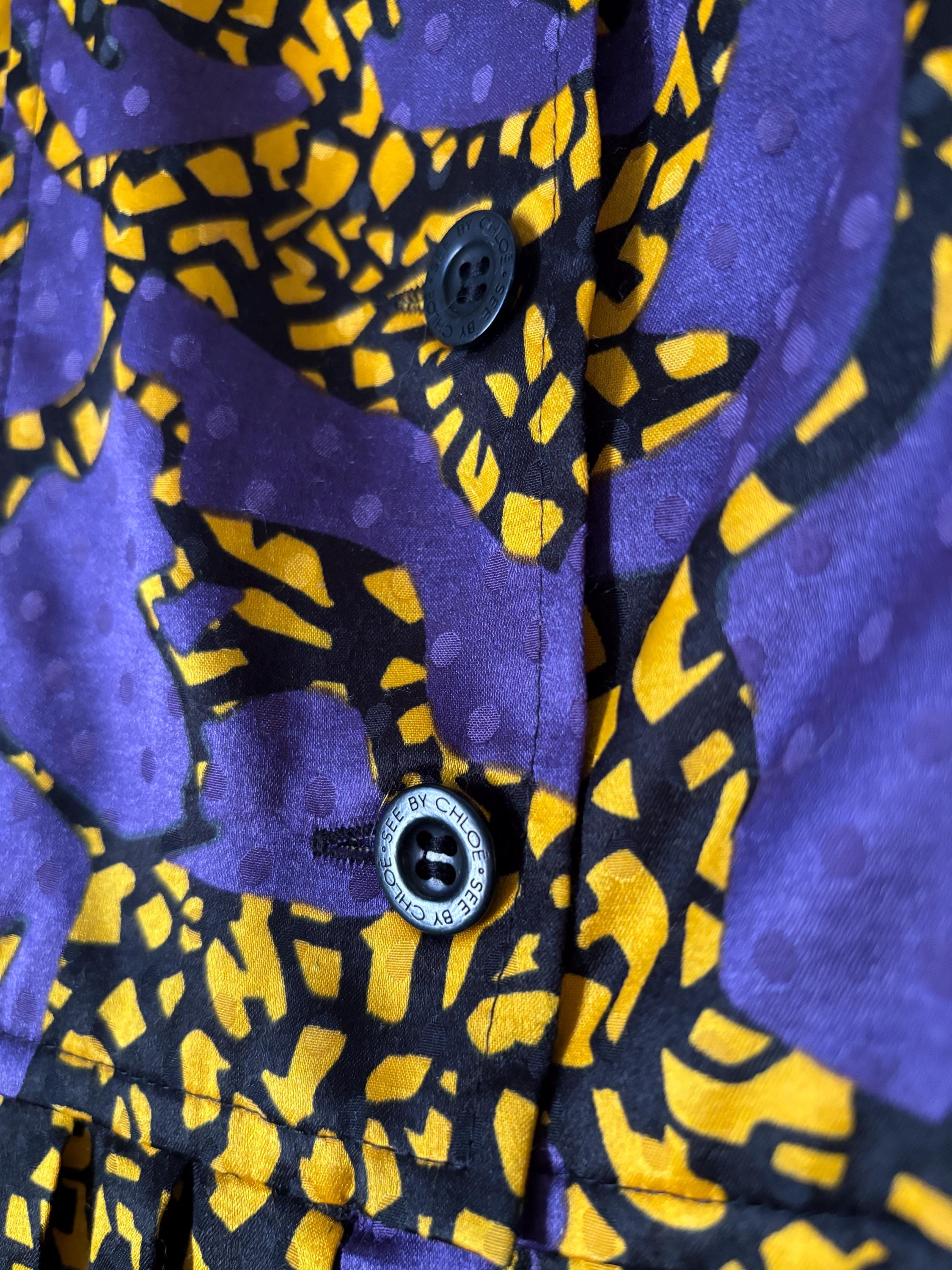 See by Chloe Purple and Yellow Graphic Print Oversized Button Down Mini Dress with Pockets Size Small Medium US 4