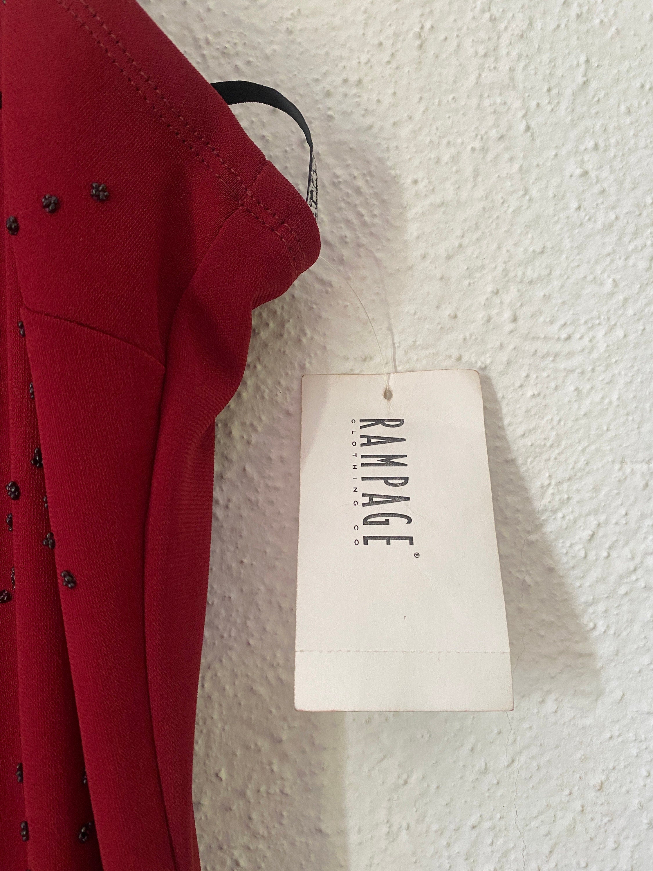 Y2K Deadstock Rampage Maxi Dress Gown Burgundy Red Rhinestone Skinny Spaghetti Strap Leg Slits Bodycon Tight MallProm 90s 00s Size S M 9/10