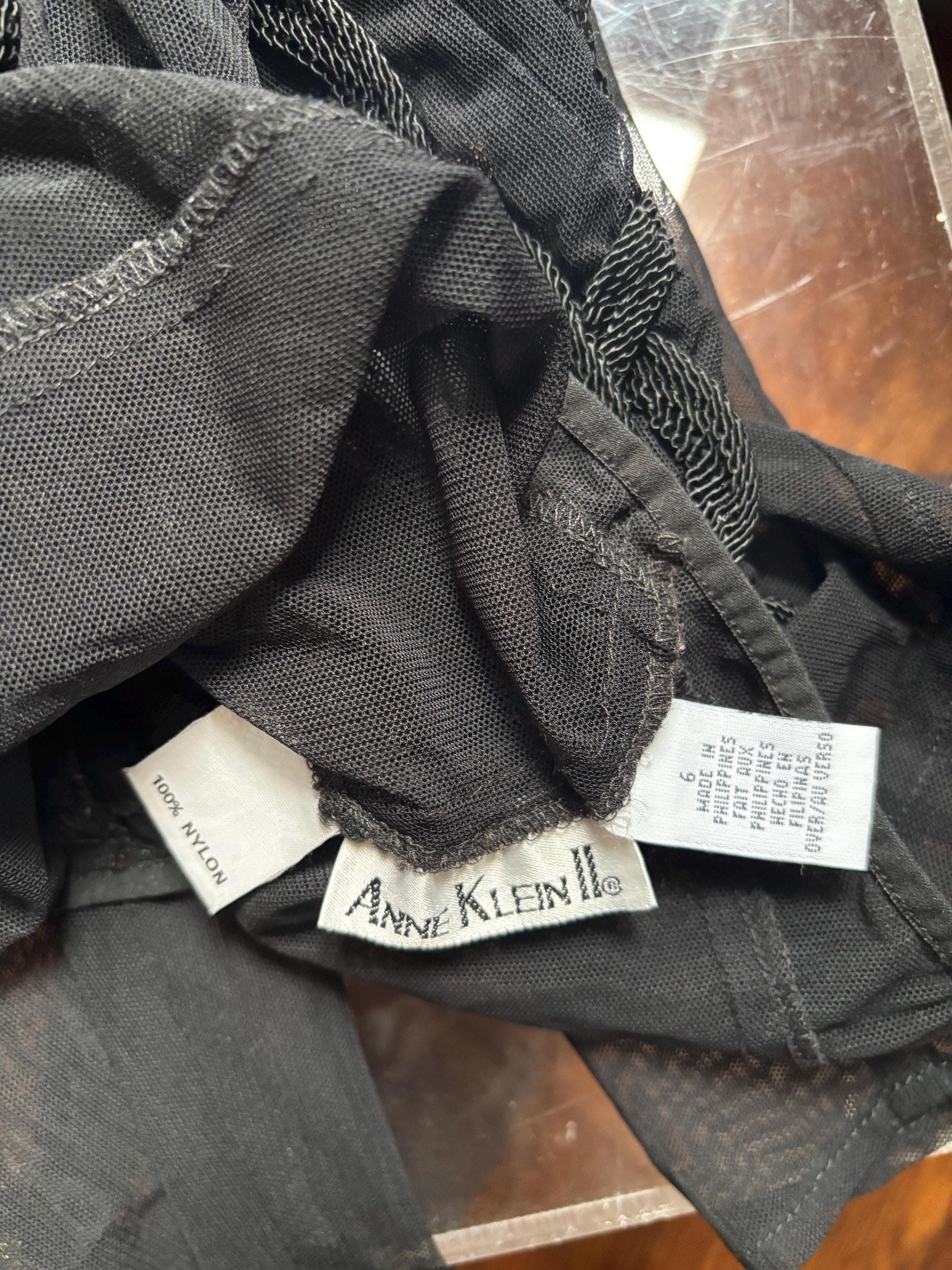 Sheer Black Decorative Ribbon Embroidered Mesh Thong Bodysuit Anne Klein 90s Sexy Undergarment Lingerie Top size 6 M