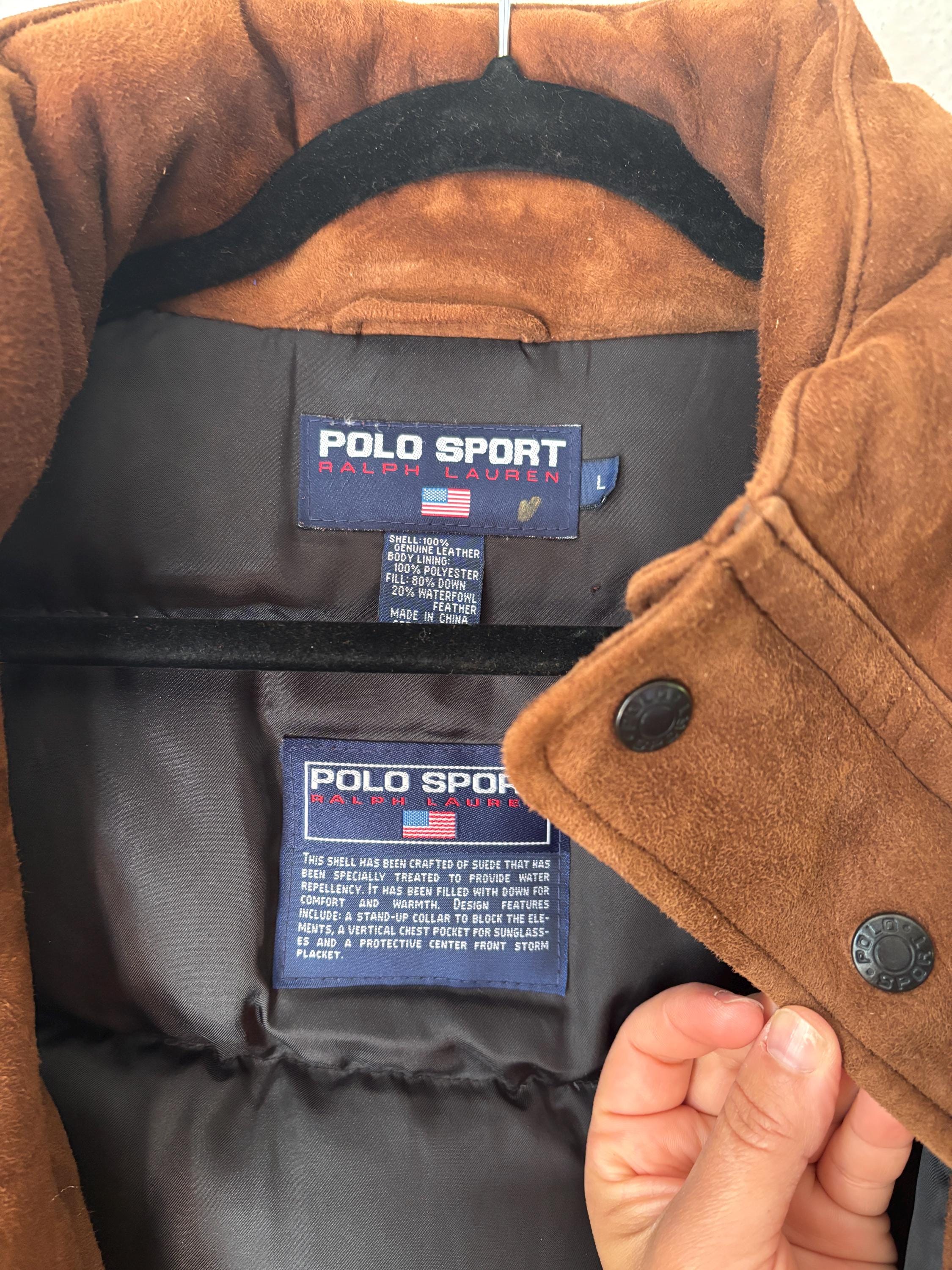 Rare POLO Sport Men’s Brown Suede Quilted Jacket Coat Down Filled Ralph Lauren Size Large Bomber Jacket Pockets