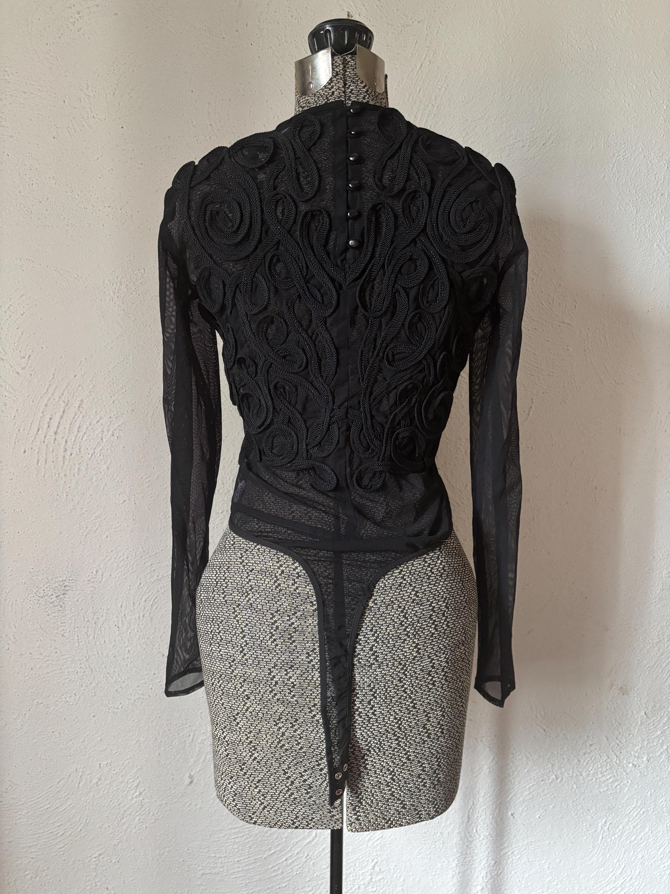 Sheer Black Decorative Ribbon Embroidered Mesh Thong Bodysuit Anne Klein 90s Sexy Undergarment Lingerie Top size 6 M