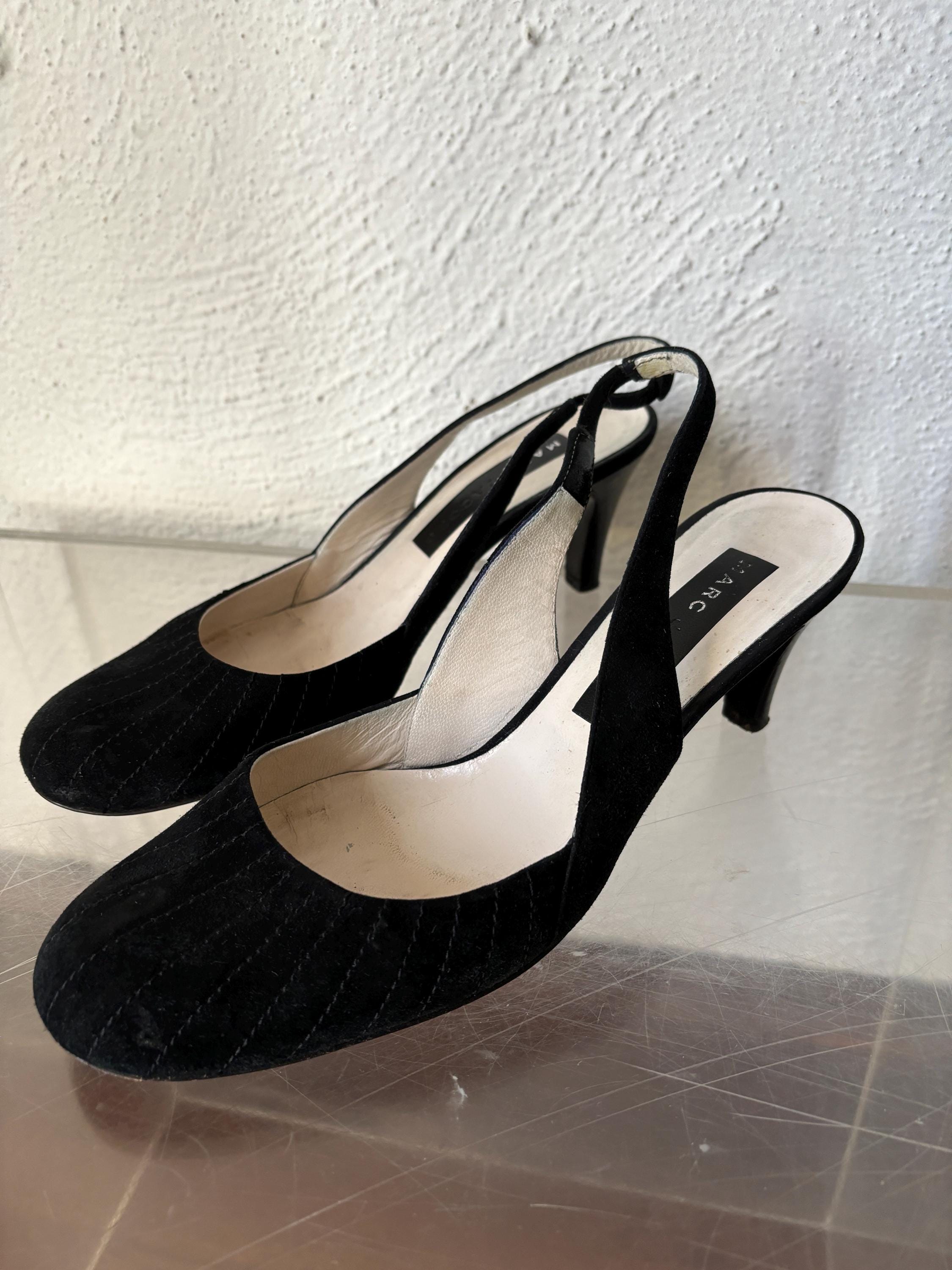 Marc Jacobs 2000s Black Stitched Suede Leather Slingback Heels size 7.5 Made in Italy