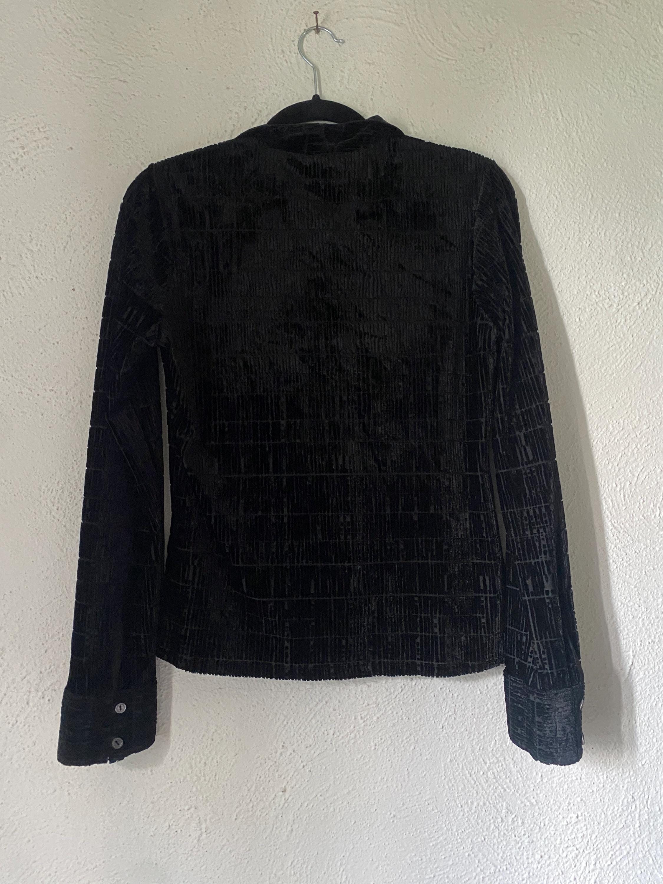 Rayure Paris Burnout Black Velvet 90s Sexy Sheer Square Neck Button Down Sexy Blouse Medium Large Made in France Y2K