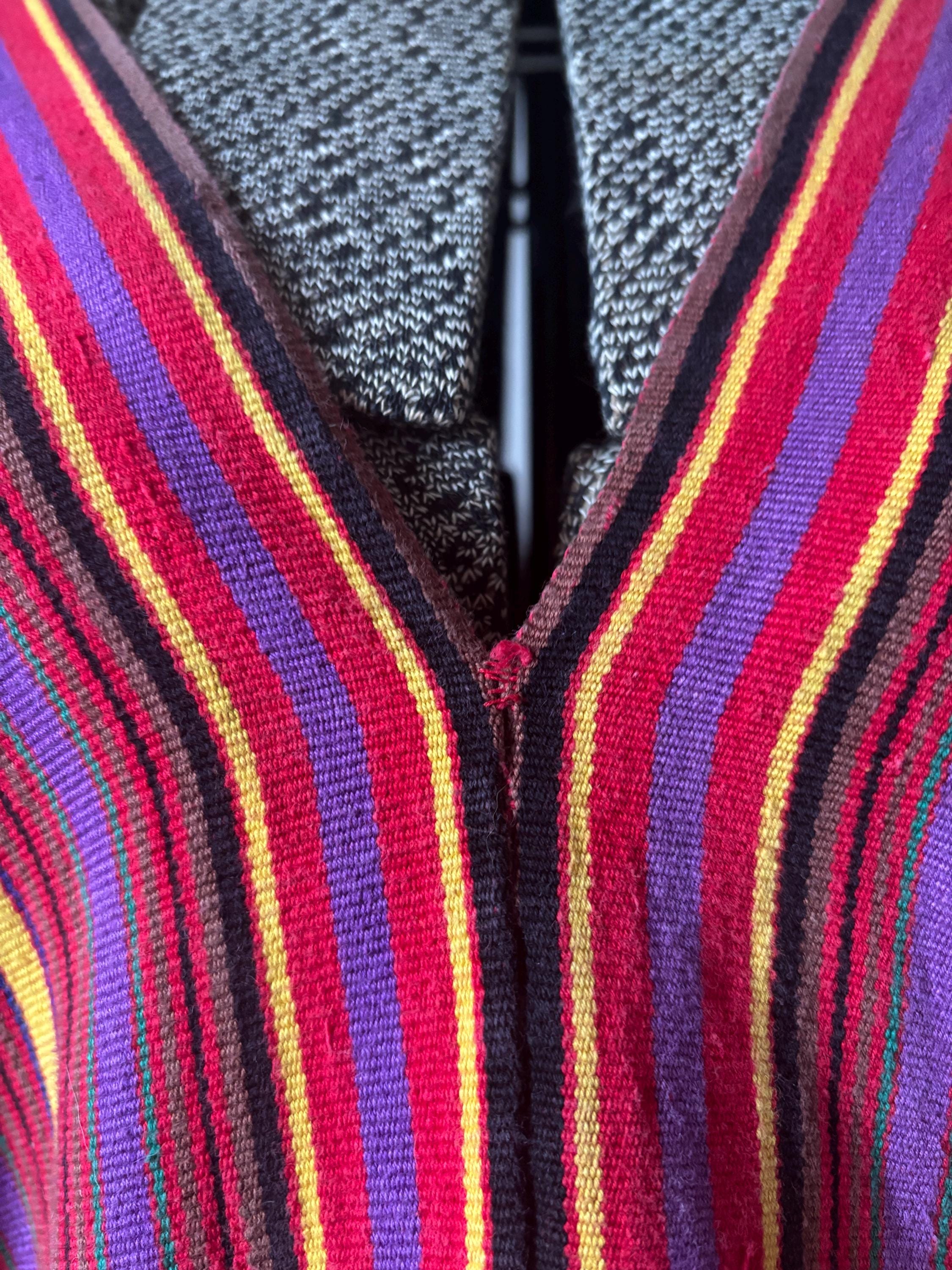Vintage Guatemalan Huipil Handmade Red Purple Yellow Heavy Cotton Striped V Neck Long Sleeve Tunic Poncho Top with Embroidered Pockets