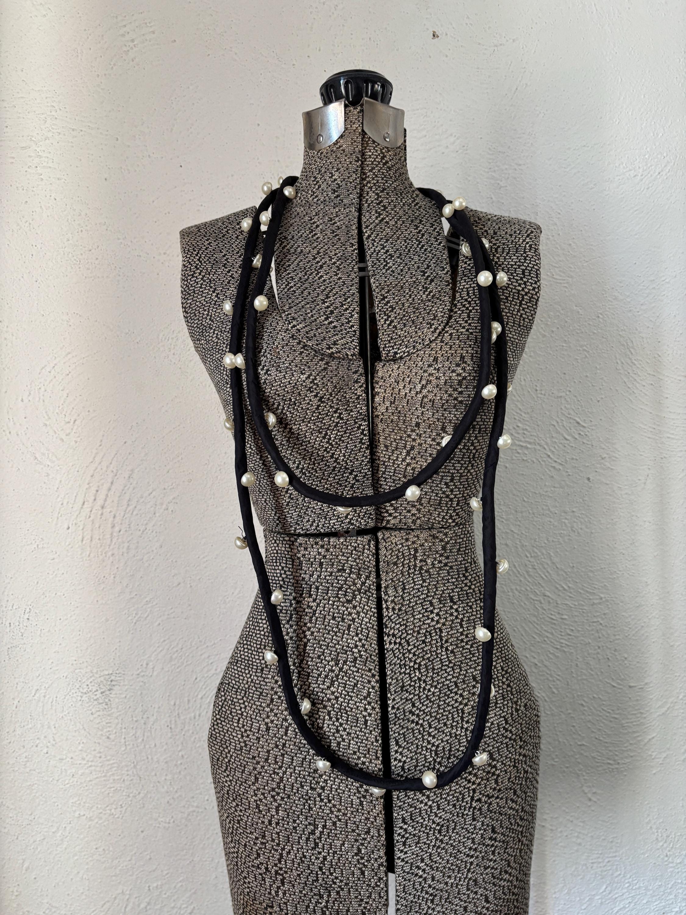 Pearl and Black Fabric Oversized Super Long Multi Layered Necklace Jewelry with Closure