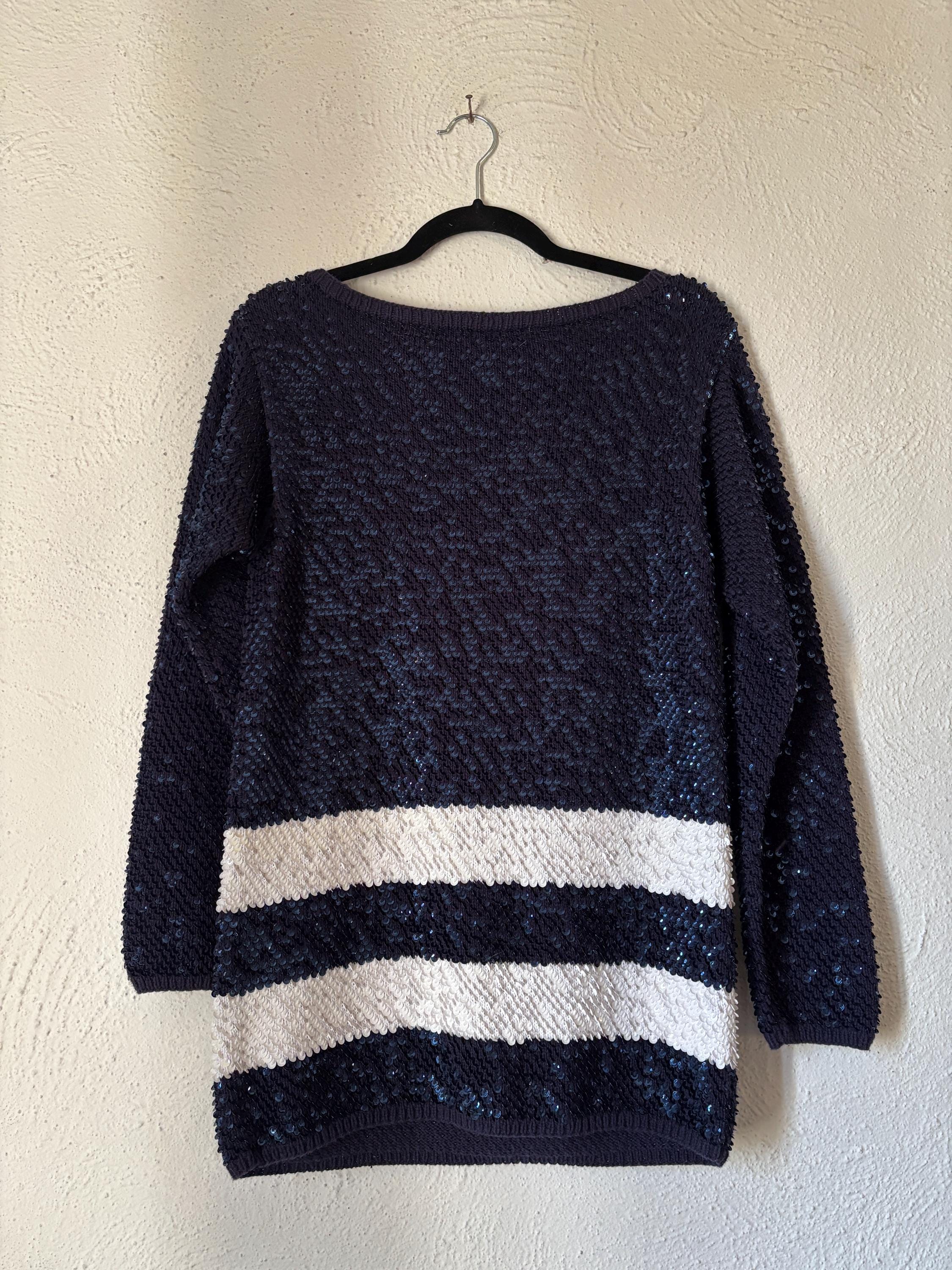 Sequined Navy Blue and White Striped Long Tunic Sweater by Adrienne Vittadini 80s 90s Cotton Medium Preppy Elegant