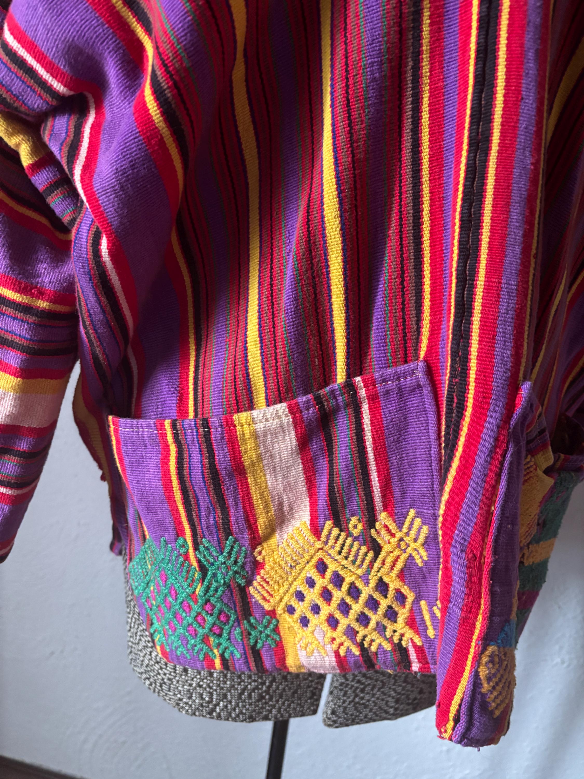 Vintage Guatemalan Huipil Handmade Red Purple Yellow Heavy Cotton Striped V Neck Long Sleeve Tunic Poncho Top with Embroidered Pockets