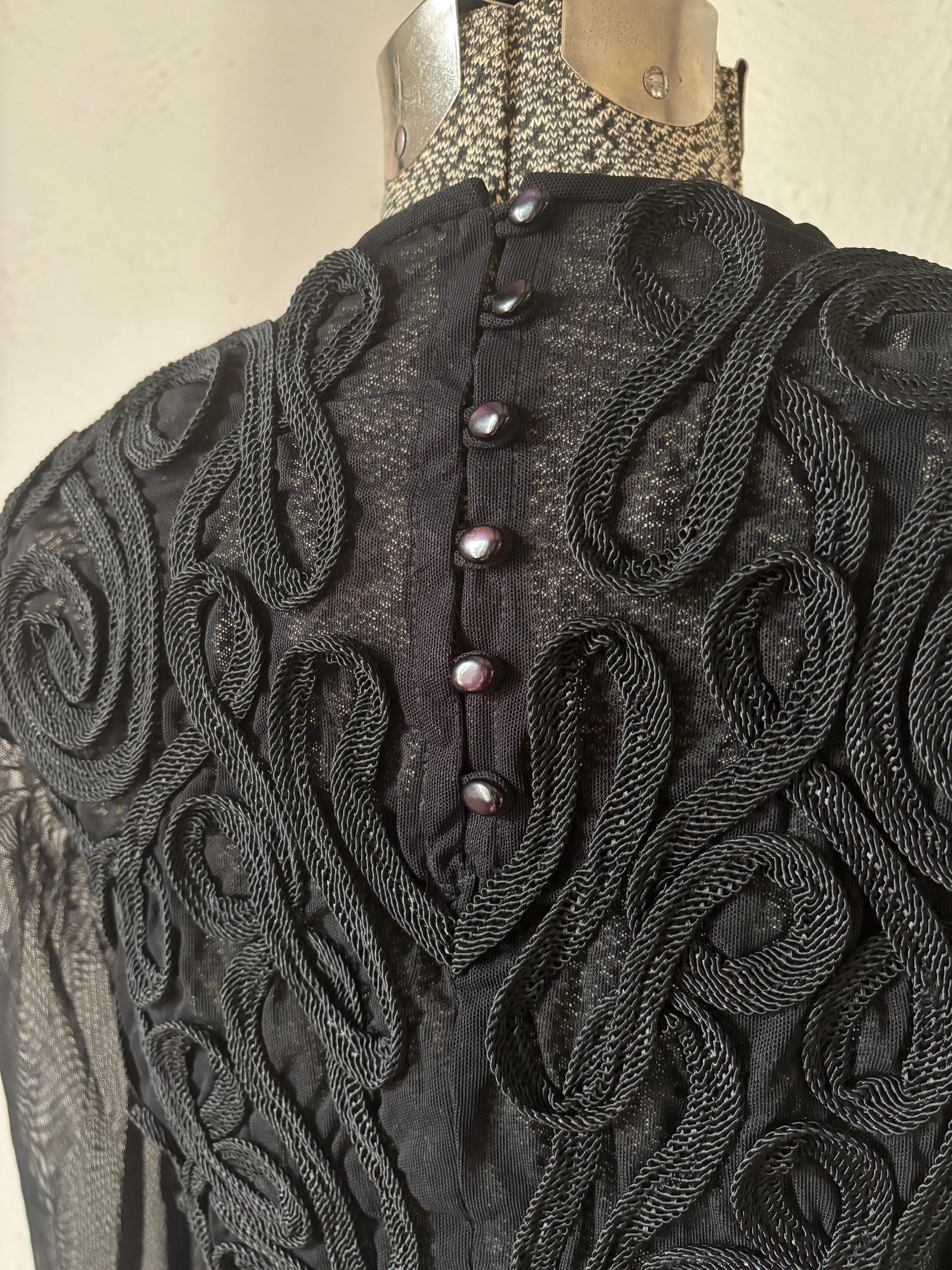 Sheer Black Decorative Ribbon Embroidered Mesh Thong Bodysuit Anne Klein 90s Sexy Undergarment Lingerie Top size 6 M