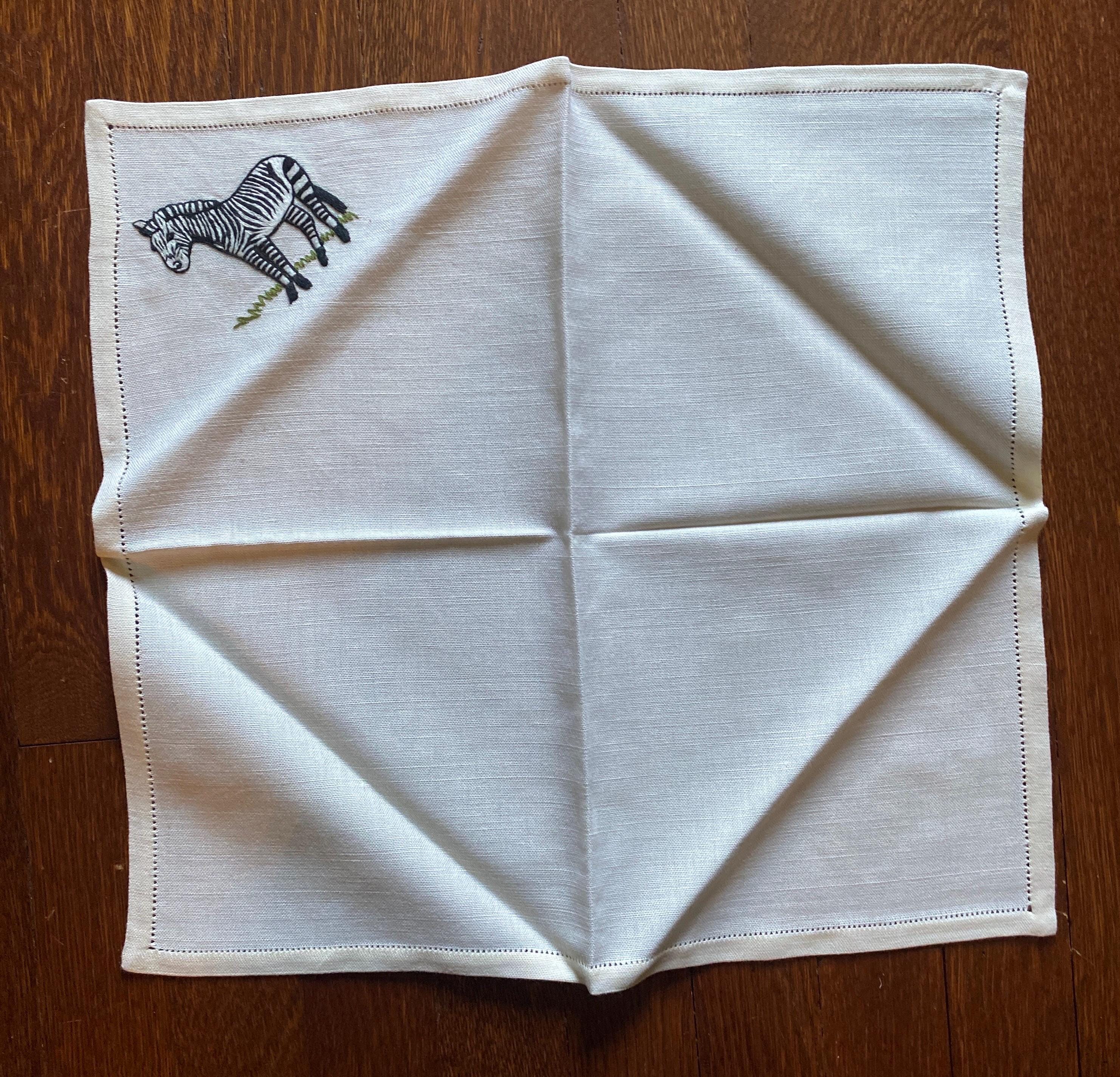 Vintage Linen Placemats and Matching Cloth Napkins 12 PCs Embroidered Safari Animals Lion Elephant Rhino Zebra Gazelle