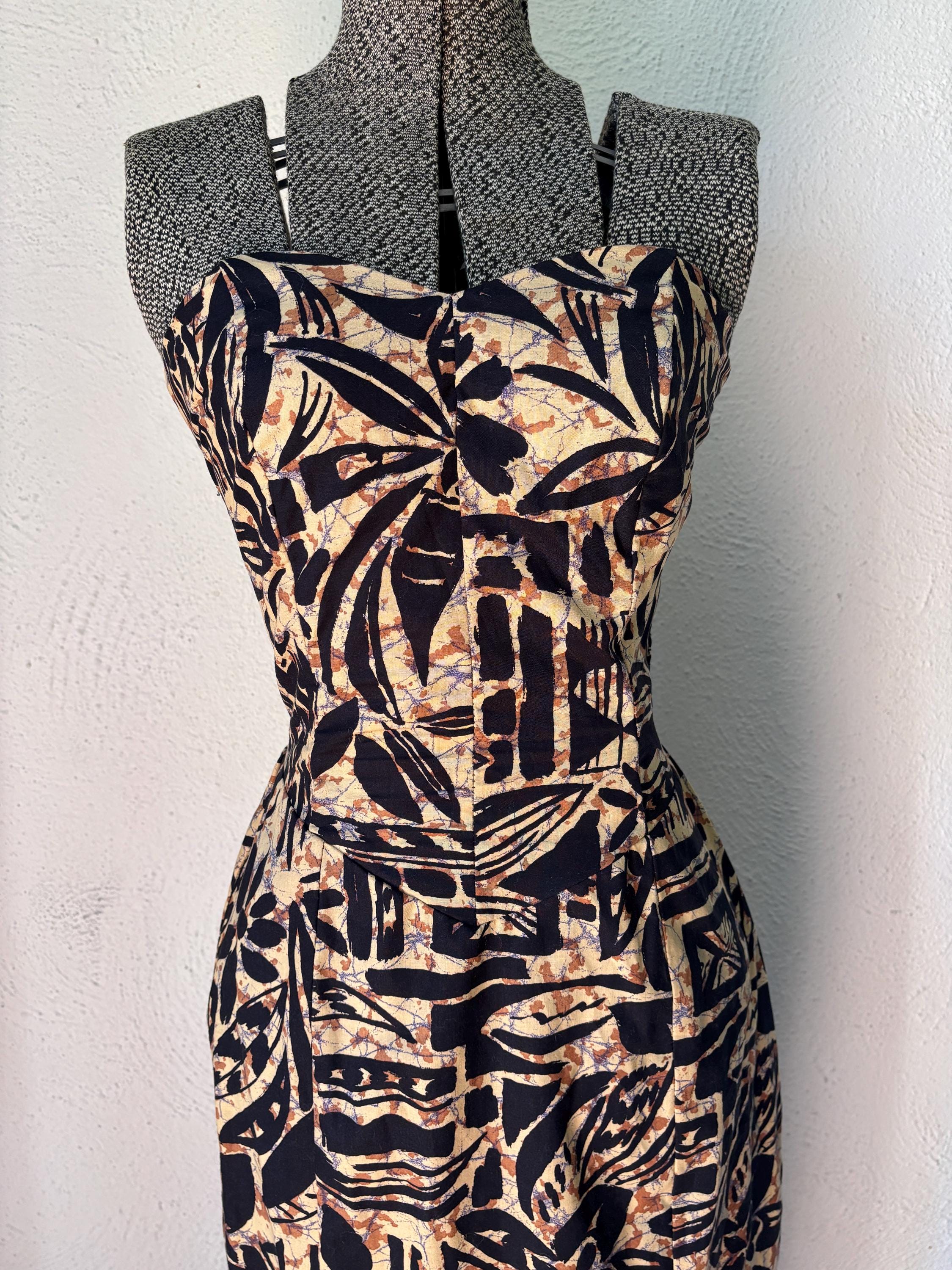 Tropical Brown Print Strapless Dress Sexy Graphic Maxi Stretch Panel Dress Sweetheart Neckline Made in USA 7/8 Vintage P.V. Rich Union Made