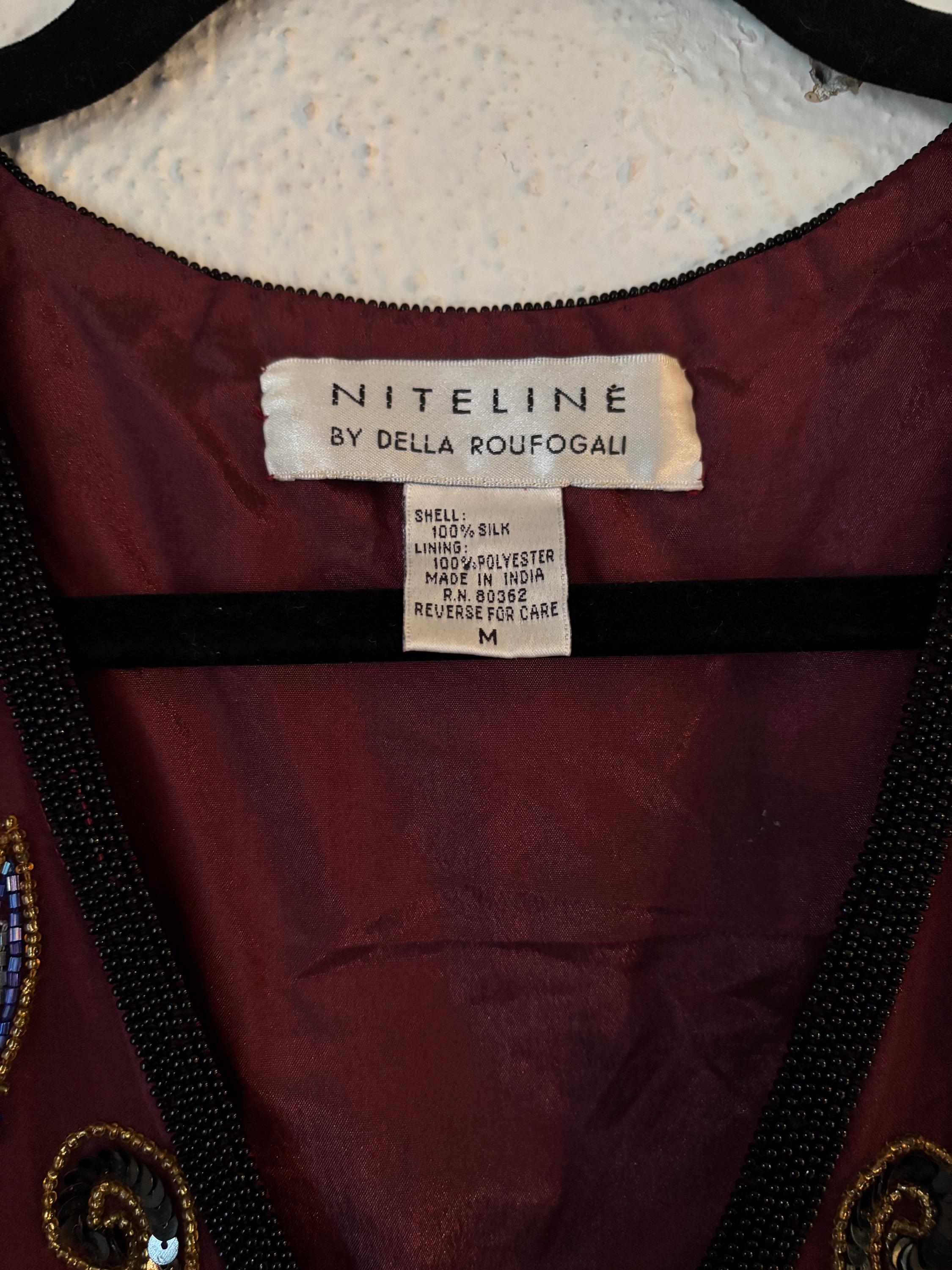 Vintage 80s 90s Beaded Paisley Embellished Sequin Dressy Elegant Silk Vest Niteline by Della Roufogali Shiny Metallic Burgundy Blue Medium