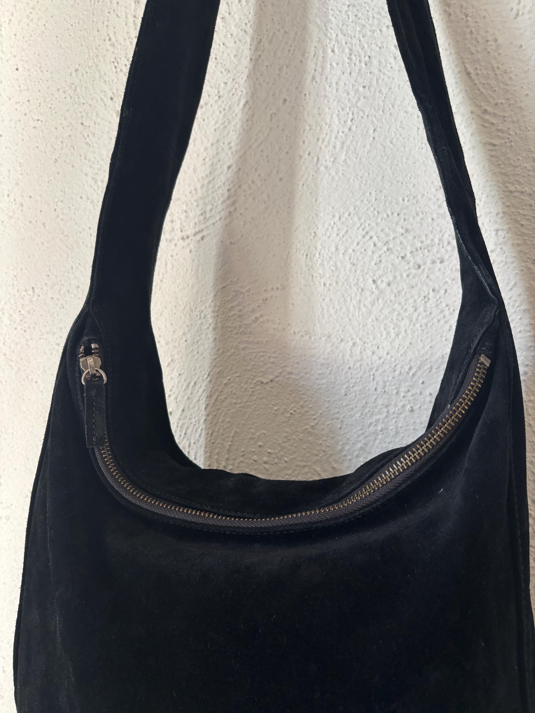 J. Jill Black Suede Wide Crossbody Long Strap Large Leather Bag 90s Minimal Classic Handbag
