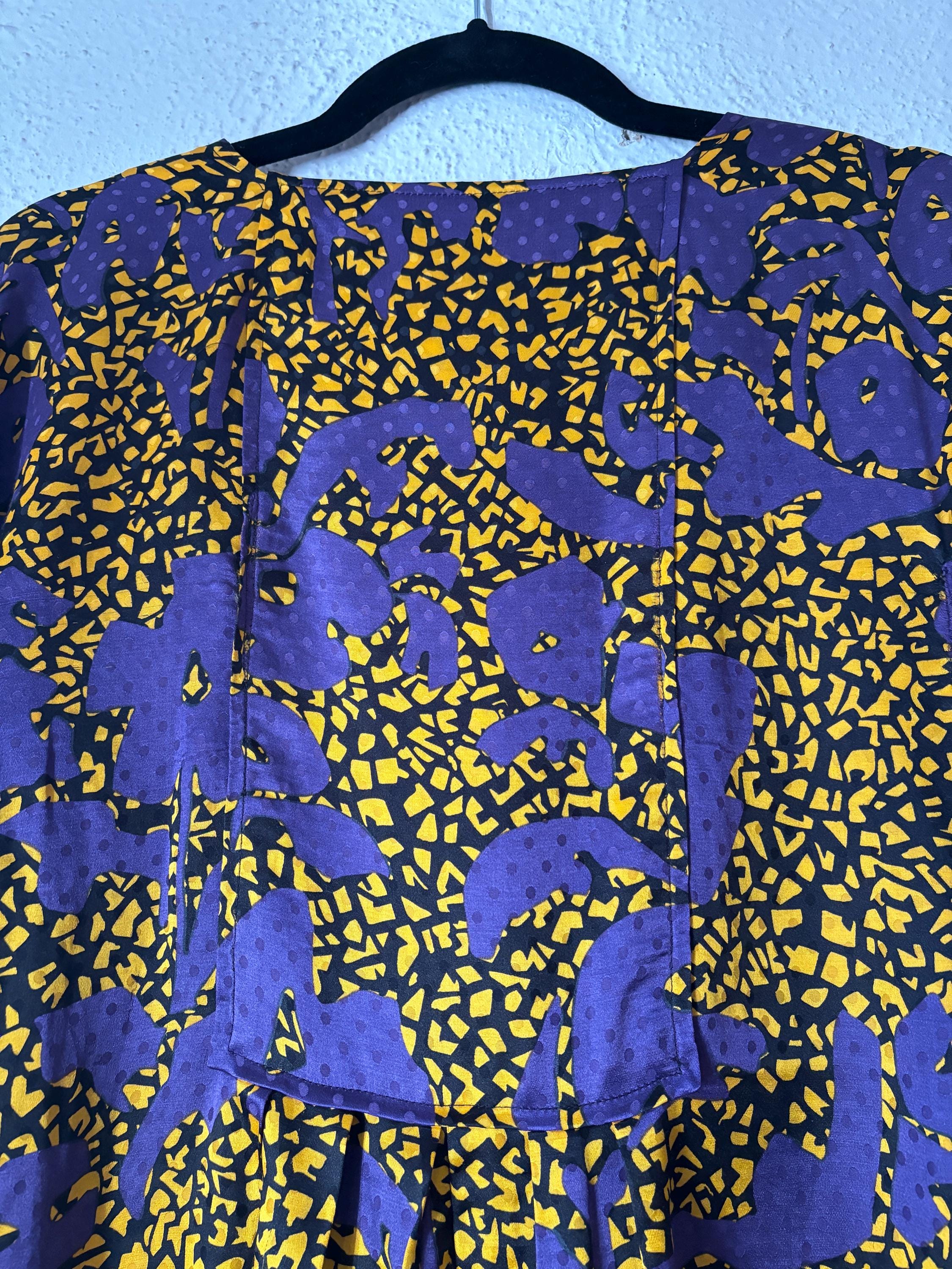 See by Chloe Purple and Yellow Graphic Print Oversized Button Down Mini Dress with Pockets Size Small Medium US 4