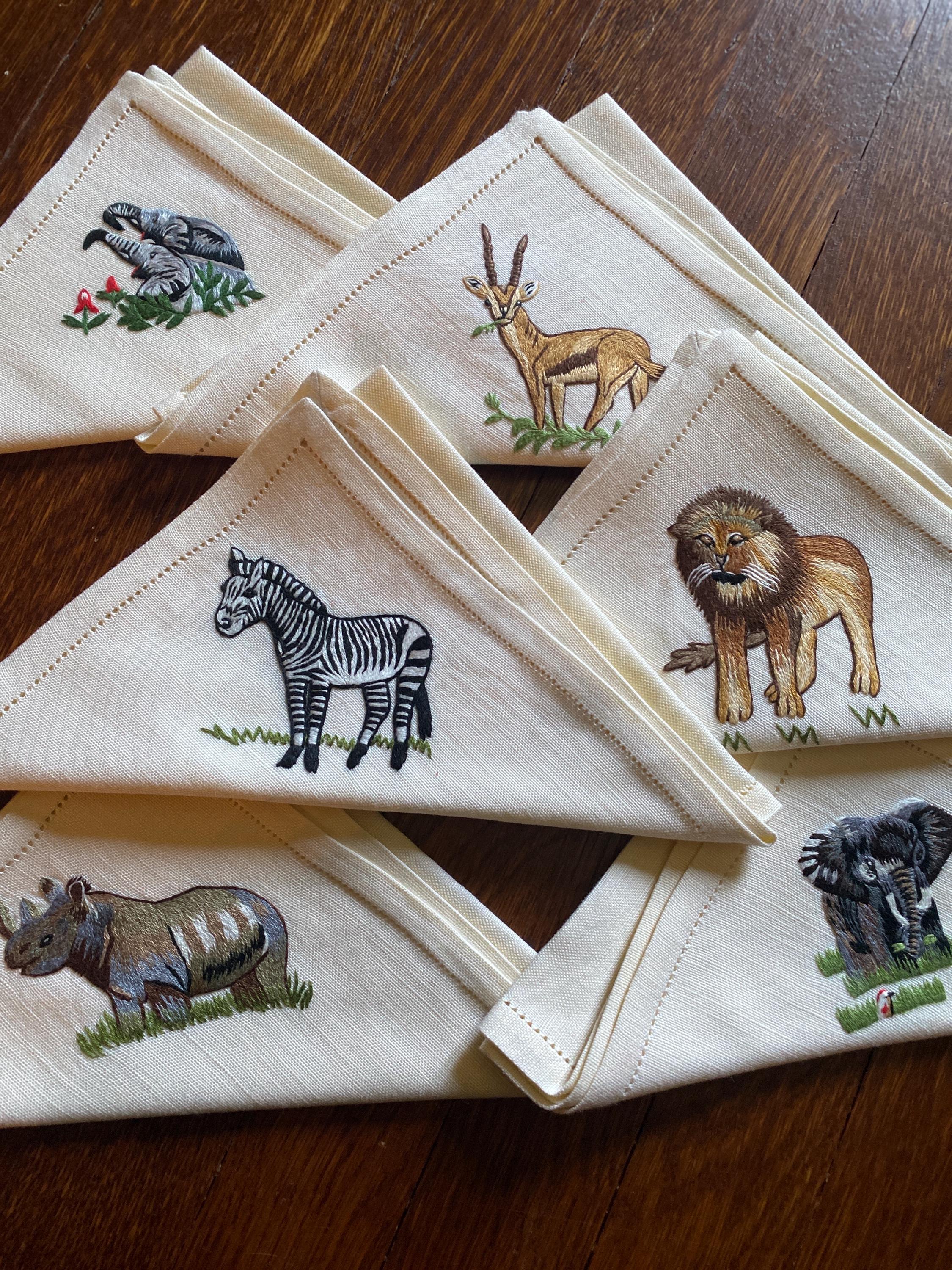 Vintage Linen Placemats and Matching Cloth Napkins 12 PCs Embroidered Safari Animals Lion Elephant Rhino Zebra Gazelle