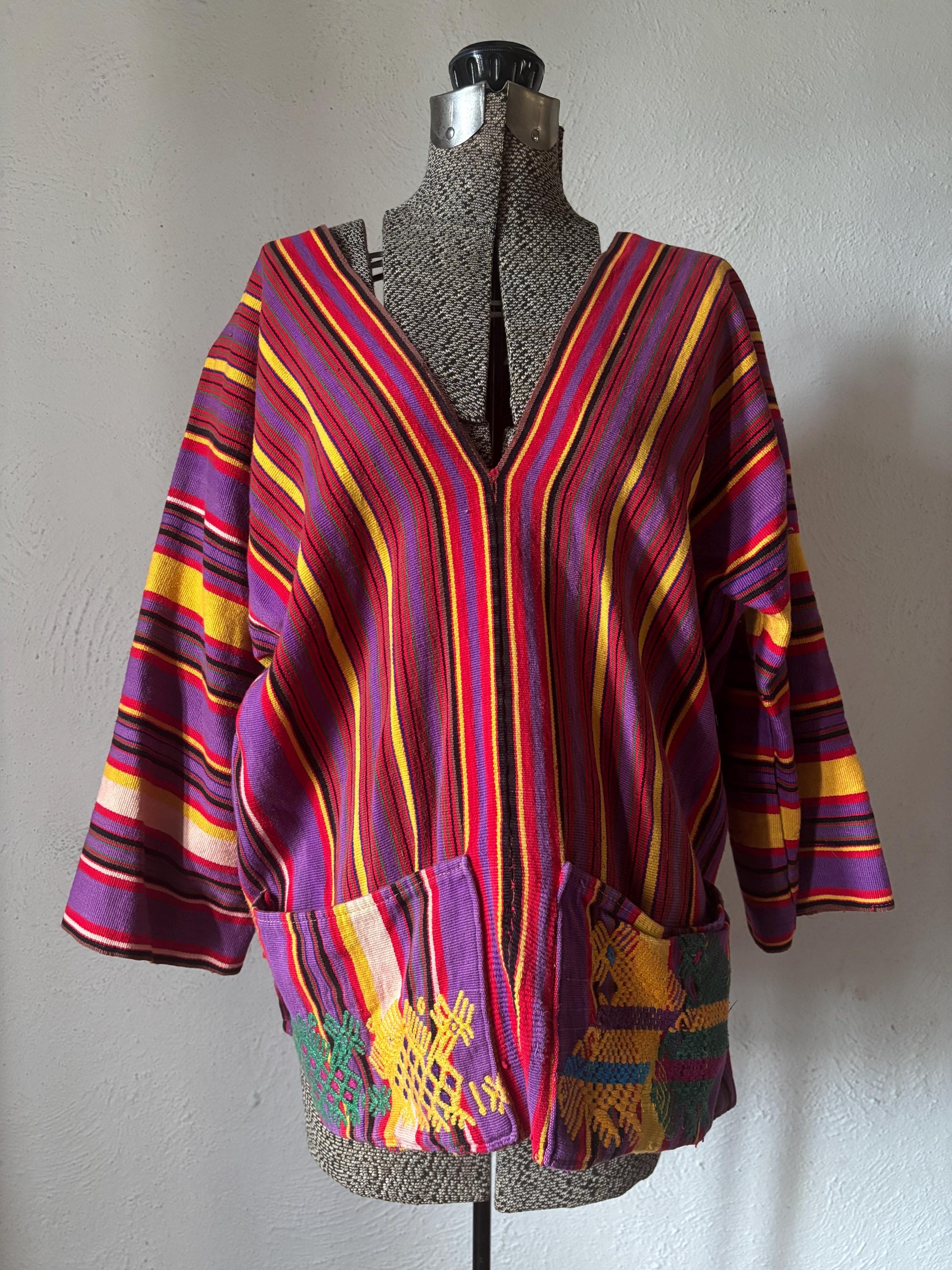 Vintage Guatemalan Huipil Handmade Red Purple Yellow Heavy Cotton Striped V Neck Long Sleeve Tunic Poncho Top with Embroidered Pockets