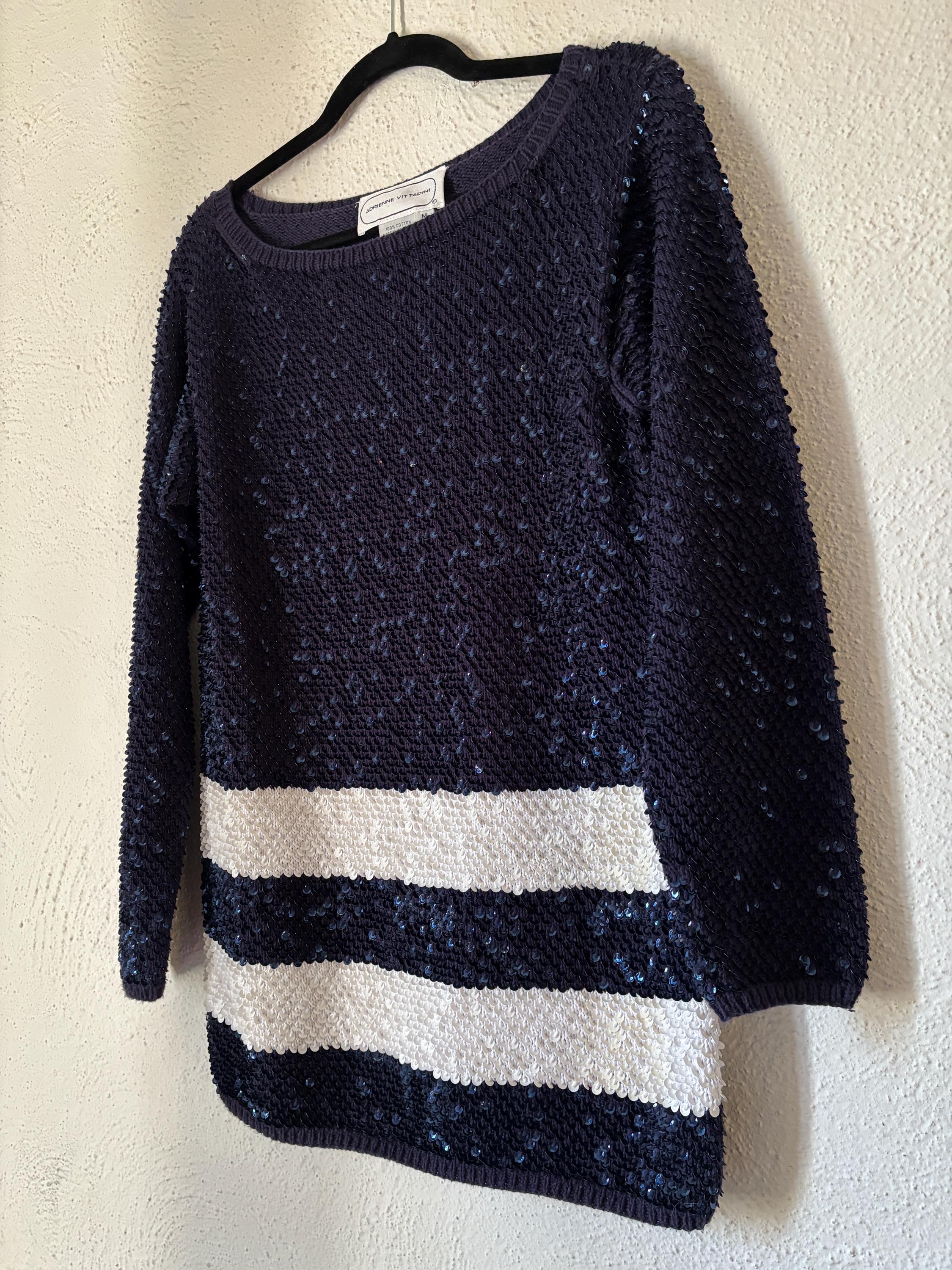 Sequined Navy Blue and White Striped Long Tunic Sweater by Adrienne Vittadini 80s 90s Cotton Medium Preppy Elegant